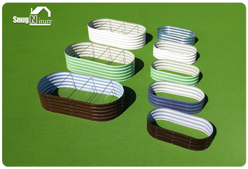 Metal raised garden beds in white, green, blue, and brown on grass, ideal for American gardens