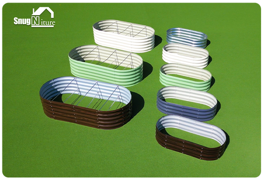 Metal raised garden beds in white, green, blue, and brown on grass, ideal for American gardens