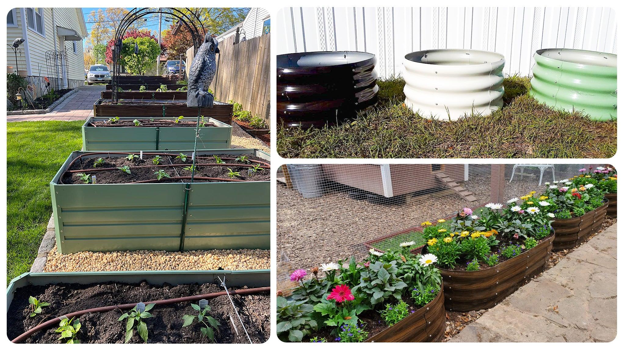 Metal raised garden beds in green, white, and brown, filled with plants and flowers in backyard settings.