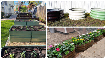 Metal raised garden beds in green, white, and brown, filled with plants and flowers in backyard settings.