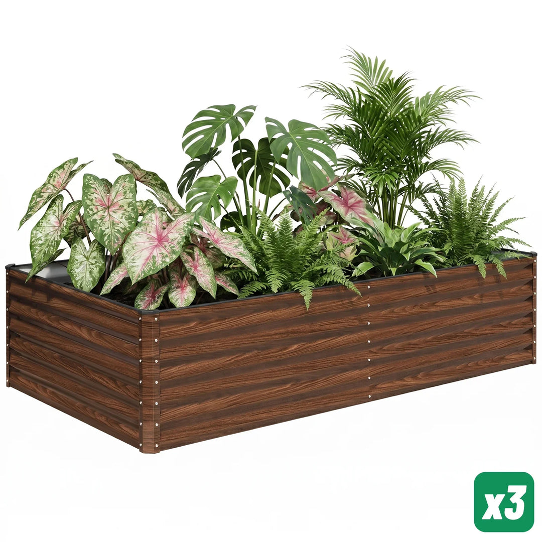 SnugNiture 3-Pack 24" Tall 8x4 ft Modular Metal Raised Garden Bed in Woodgrain Brown