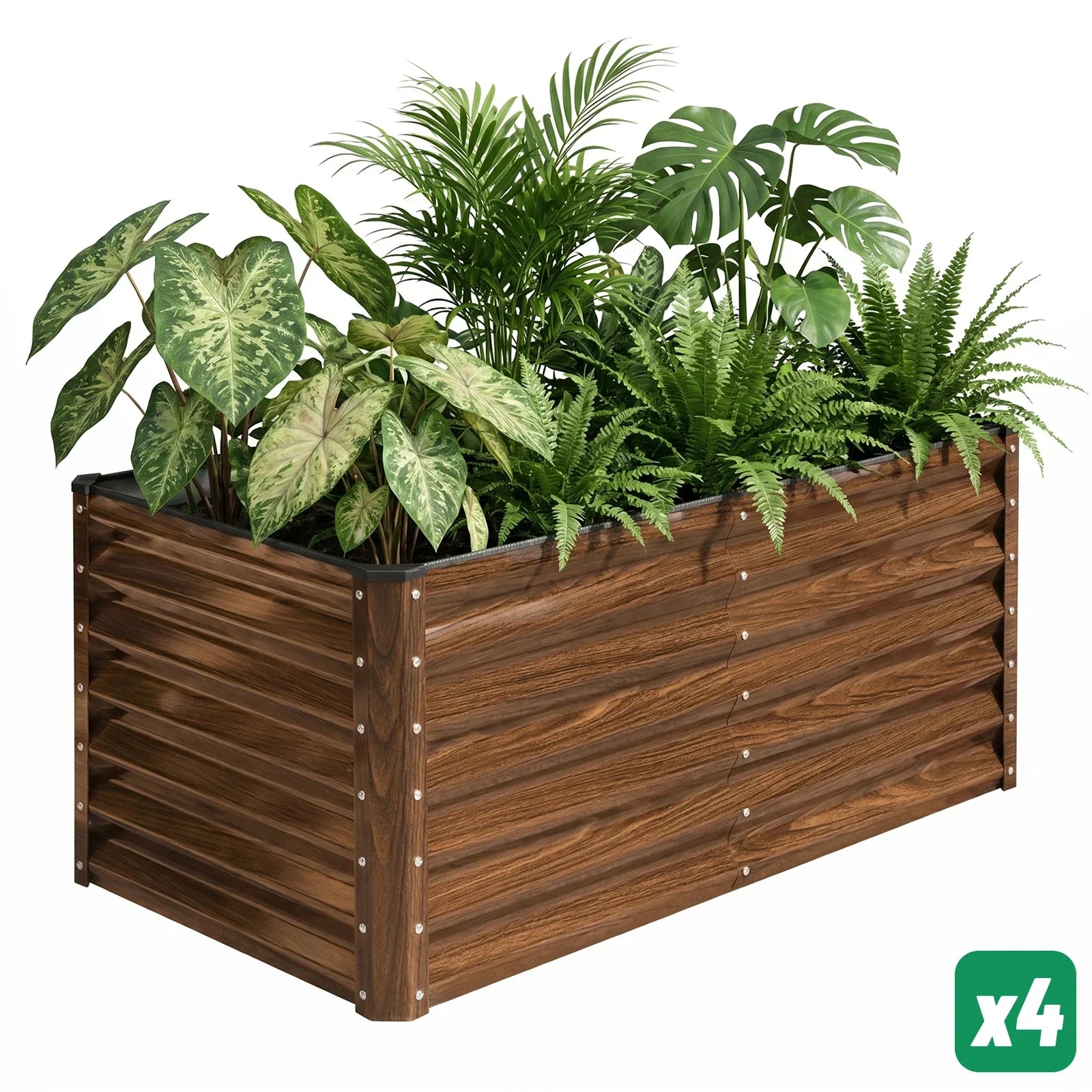 Wood-look metal raised garden bed with lush green plants, ideal for outdoor gardening spaces.