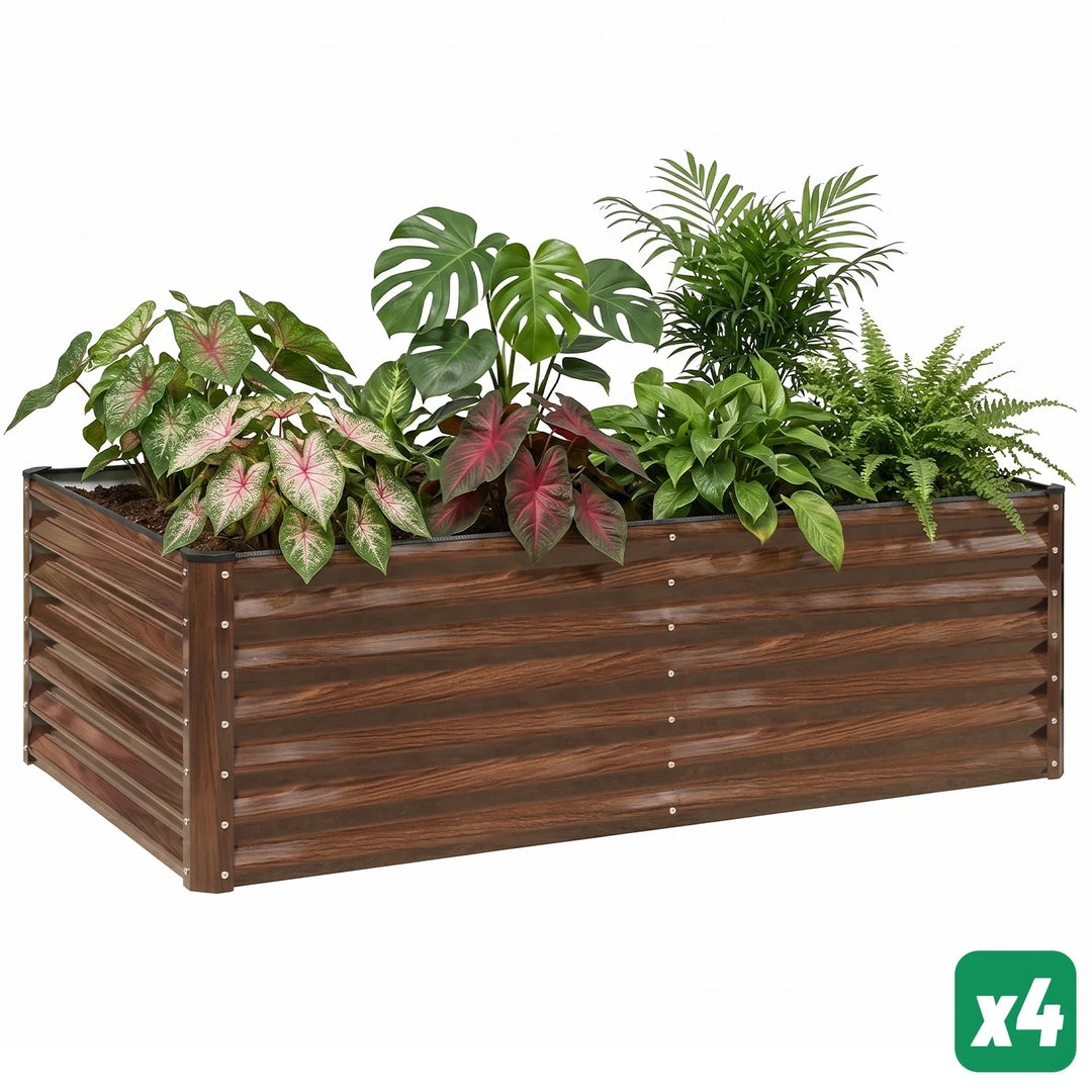 Wood-effect metal raised garden bed with lush green plants, ideal for outdoor gardening spaces