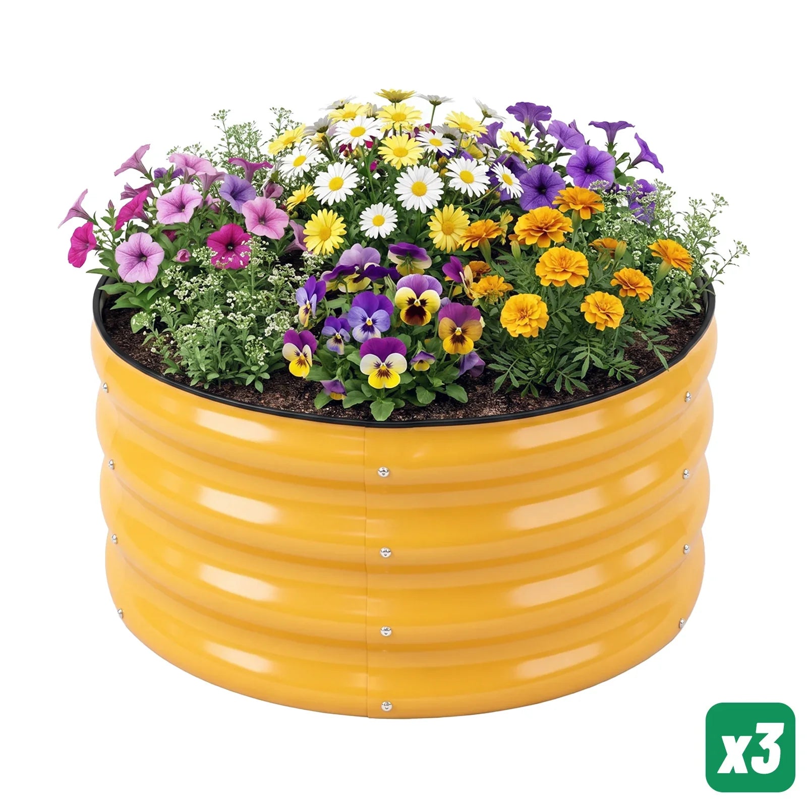 Yellow metal raised garden bed filled with colorful flowers for outdoor gardening