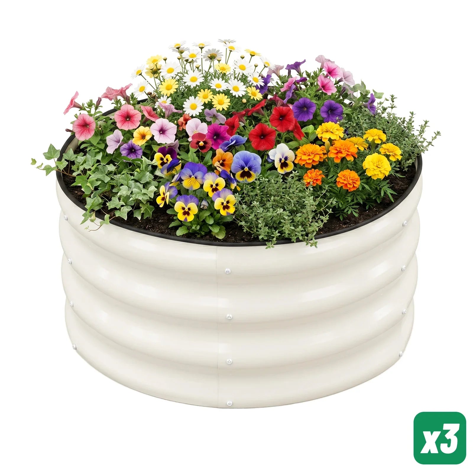 Round metal raised garden bed filled with colorful flowers and greenery, ideal for patio or backyard gardening.