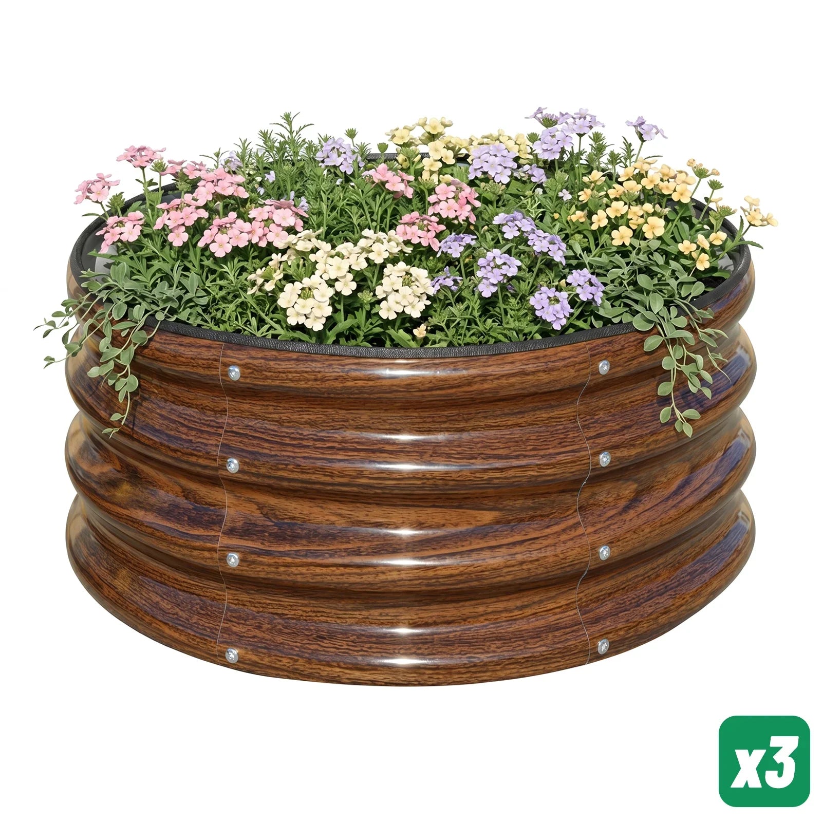 Round metal raised garden bed with wood grain finish, filled with colorful flowers and greenery