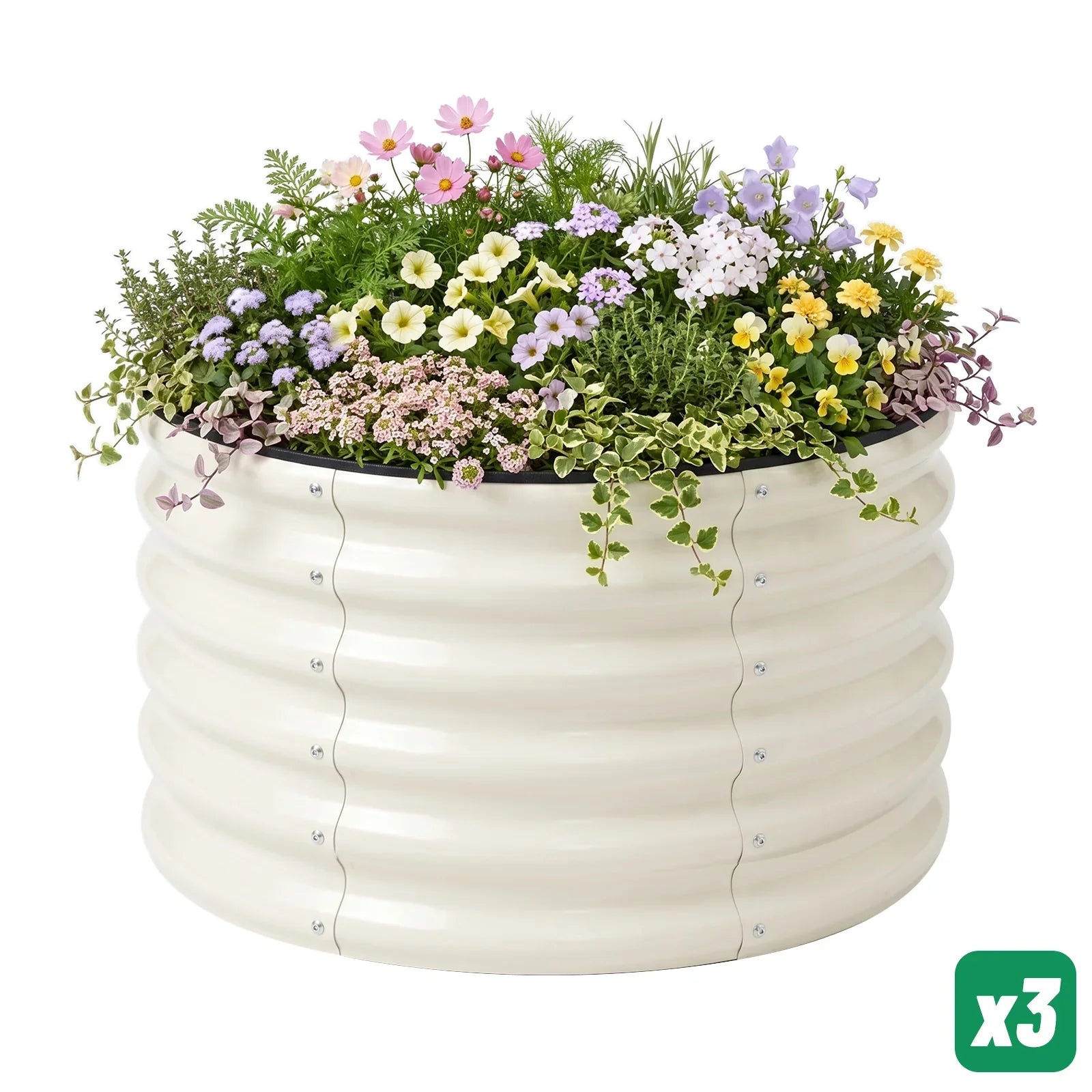 Cream metal raised garden bed filled with colorful flowers and greenery, ideal for American gardens