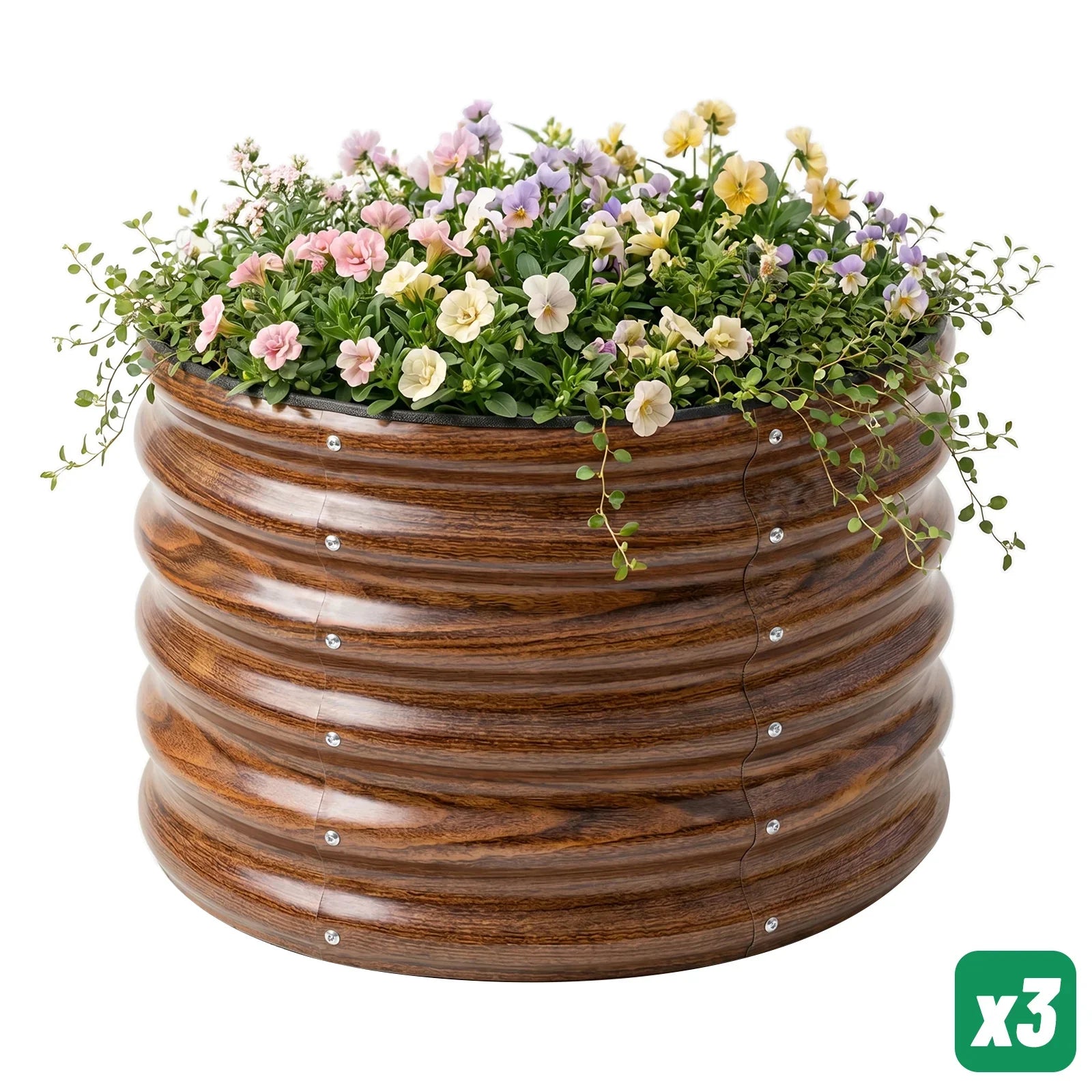 Round metal raised garden bed with wood grain finish, filled with colorful flowers and greenery