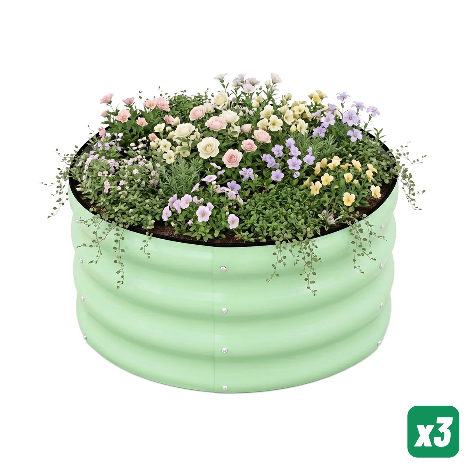 Round metal raised garden bed with colorful flowers and greenery, ideal for backyard gardening