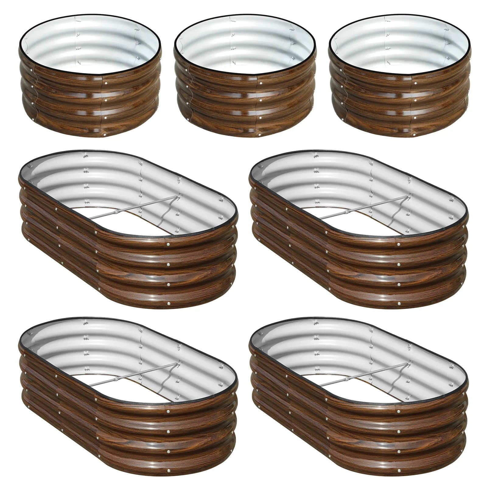 Metal raised garden beds with wood grain finish, durable and stylish for outdoor gardening