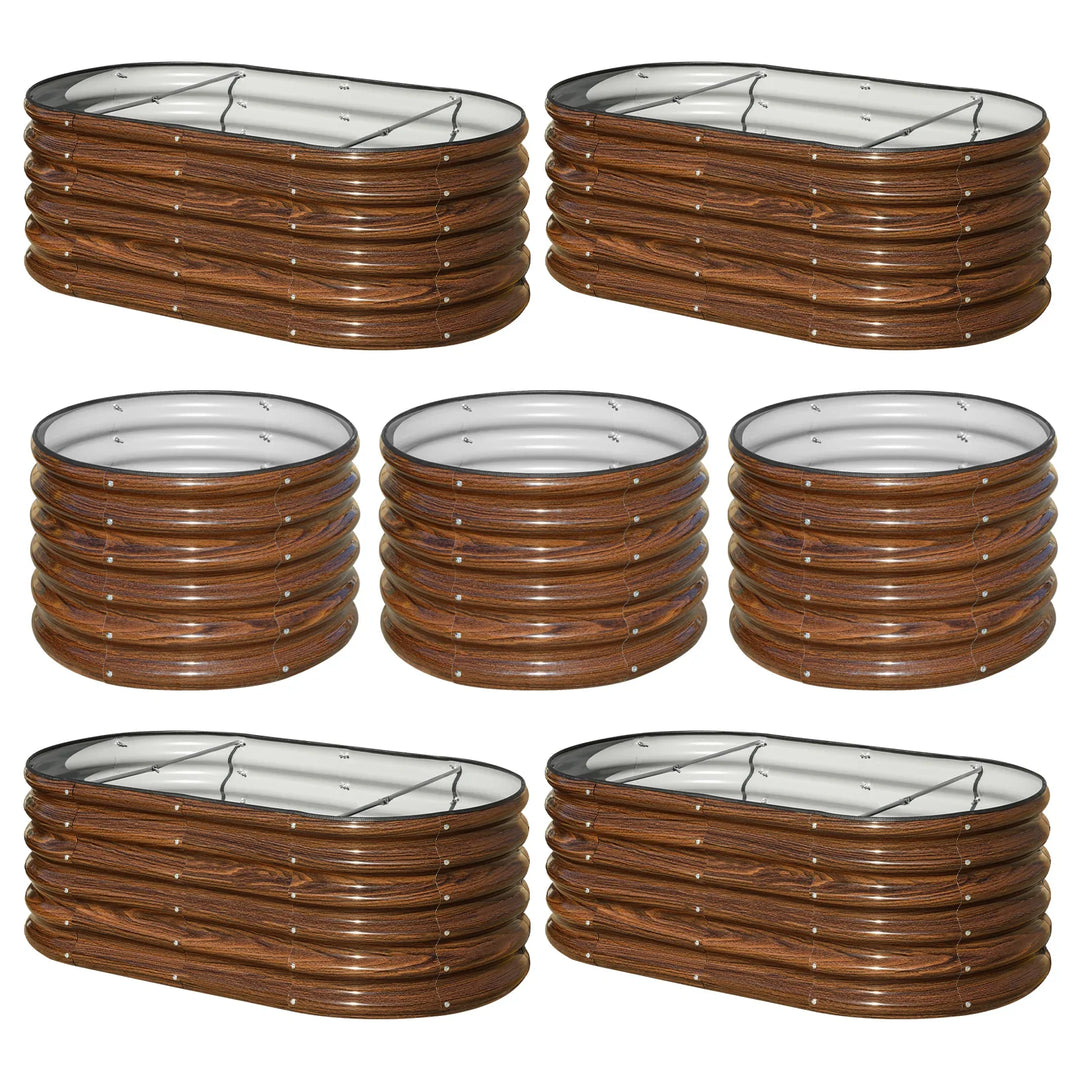 Wood-grain metal raised garden beds with glass tops, ideal for modern outdoor gardening setups