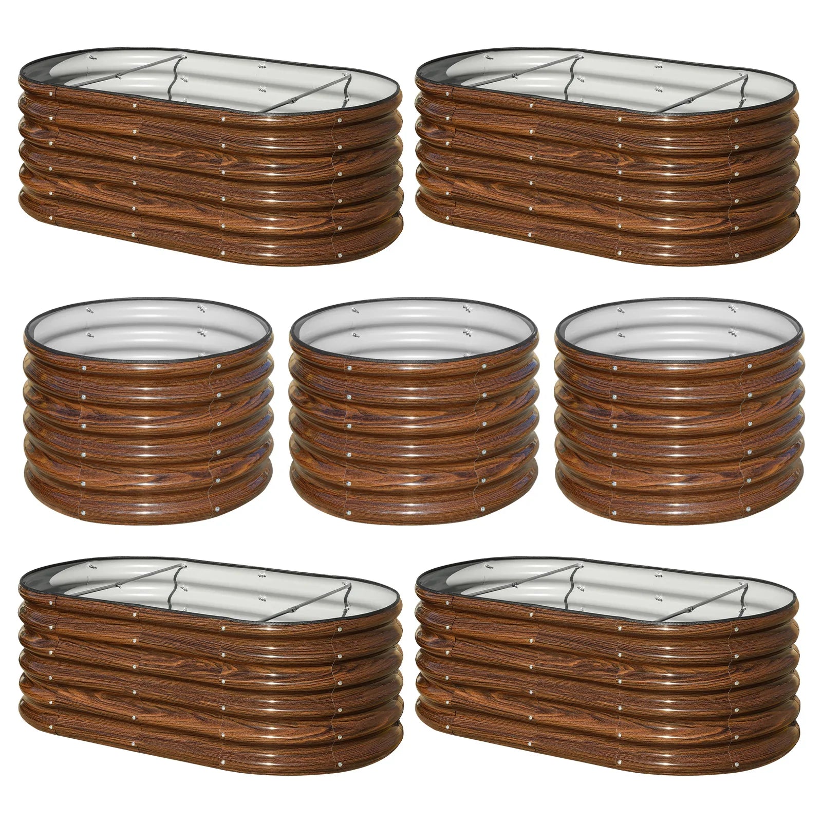 Wood-grain metal raised garden beds with glass tops, ideal for modern outdoor gardening setups