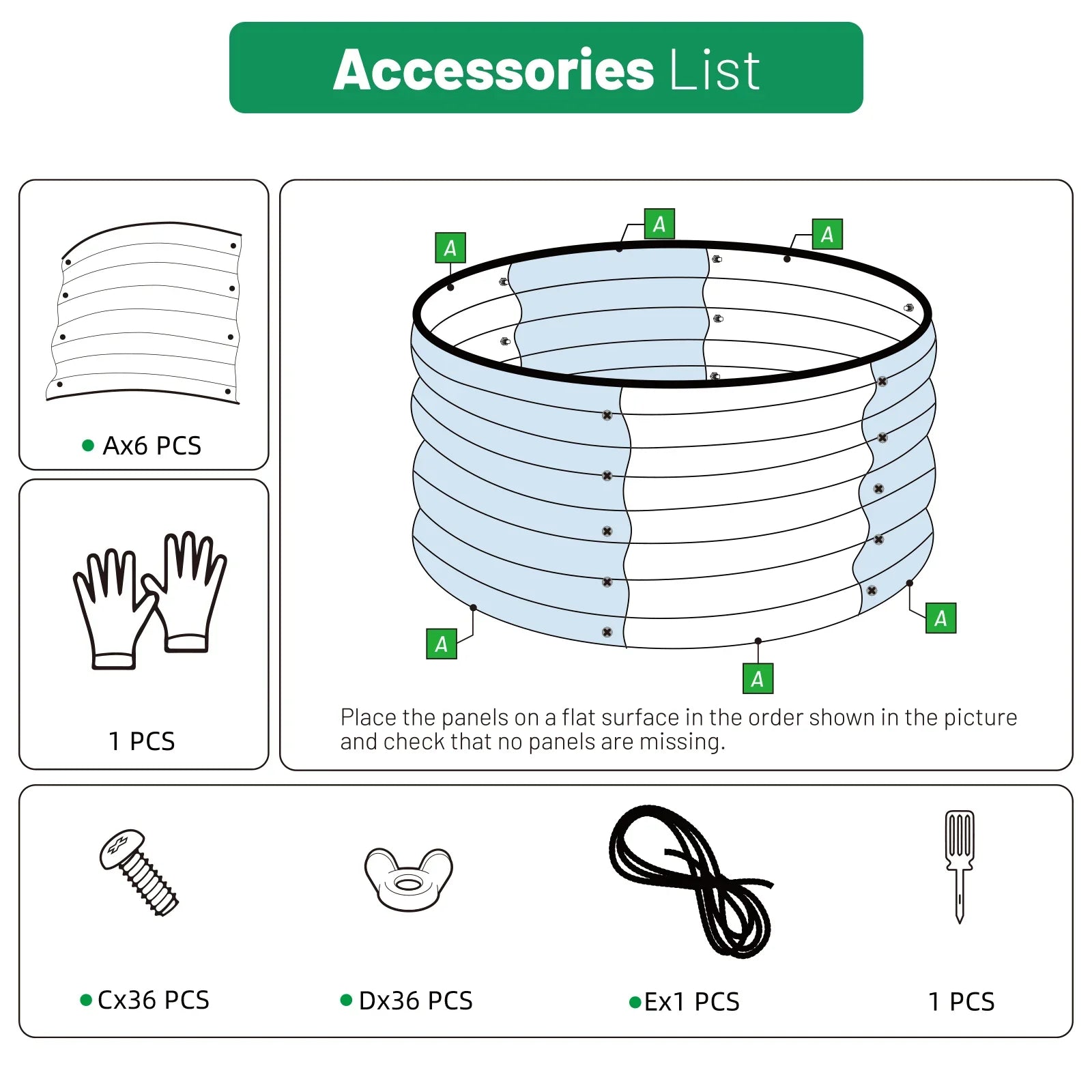Metal raised garden bed assembly diagram with panels, screws, gloves, and tools for easy DIY setup