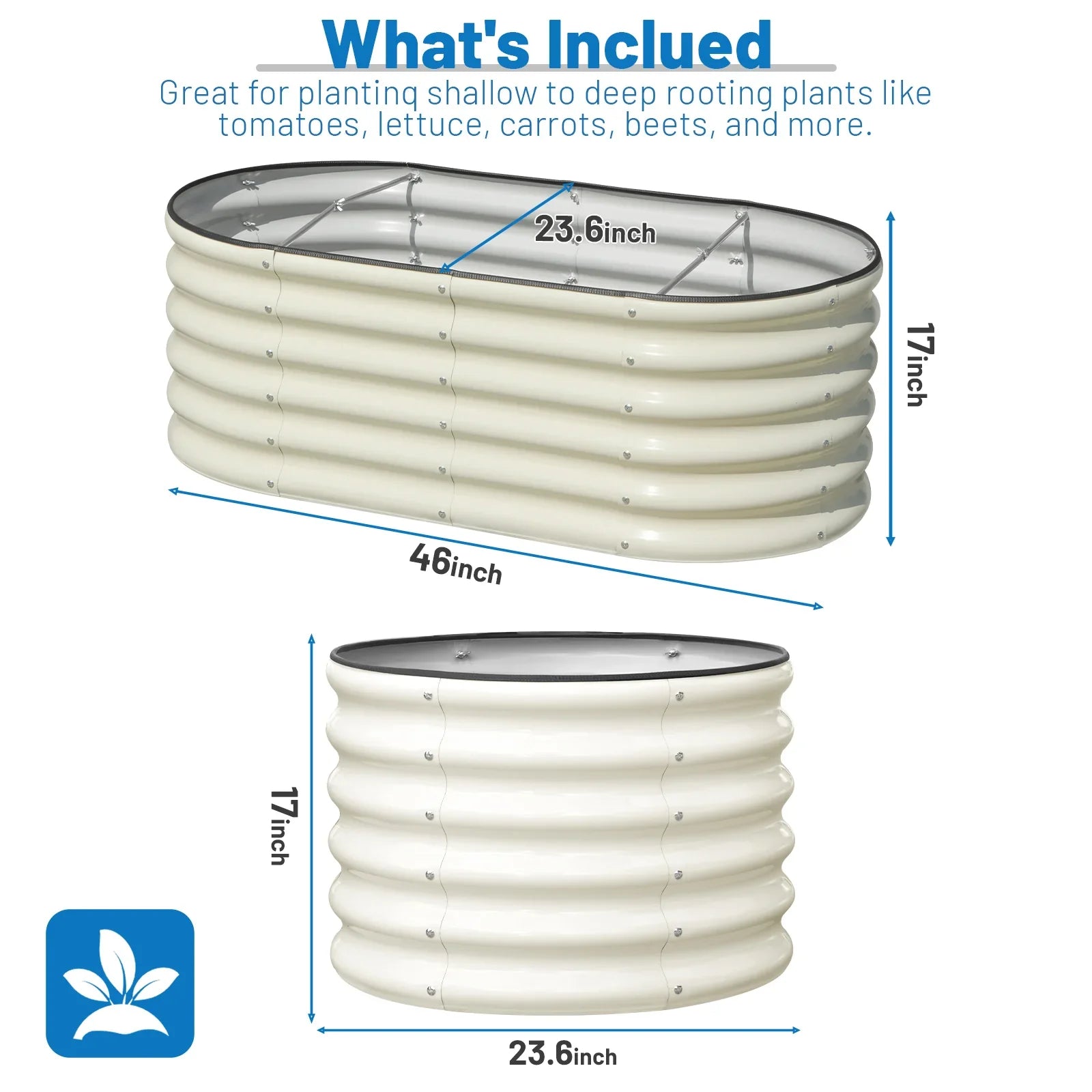 Cream oval metal raised garden bed, 46x23.6x17 inches, ideal for tomatoes, lettuce, carrots, beets