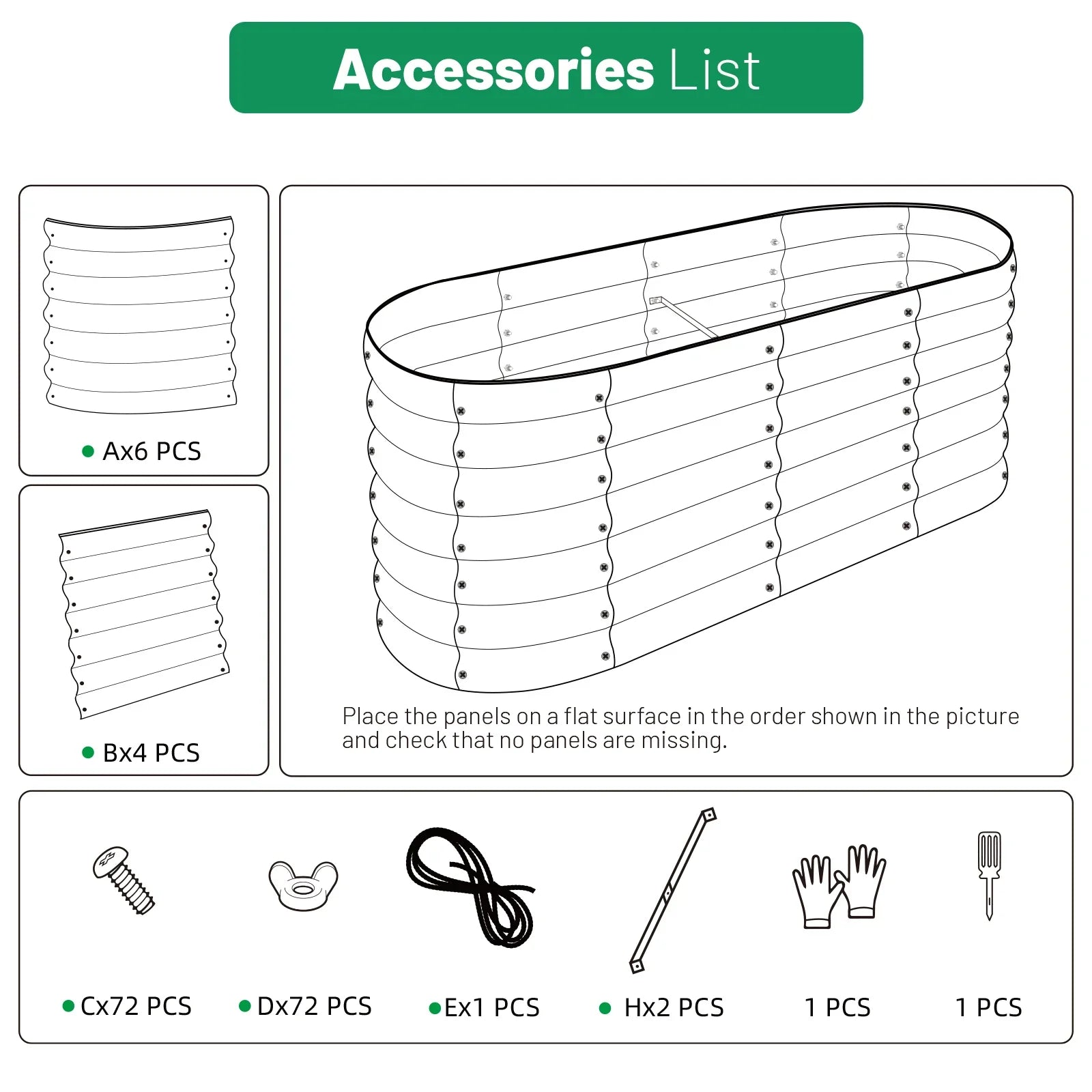 Assembly diagram for metal raised garden bed with panels, screws, and tools listed
