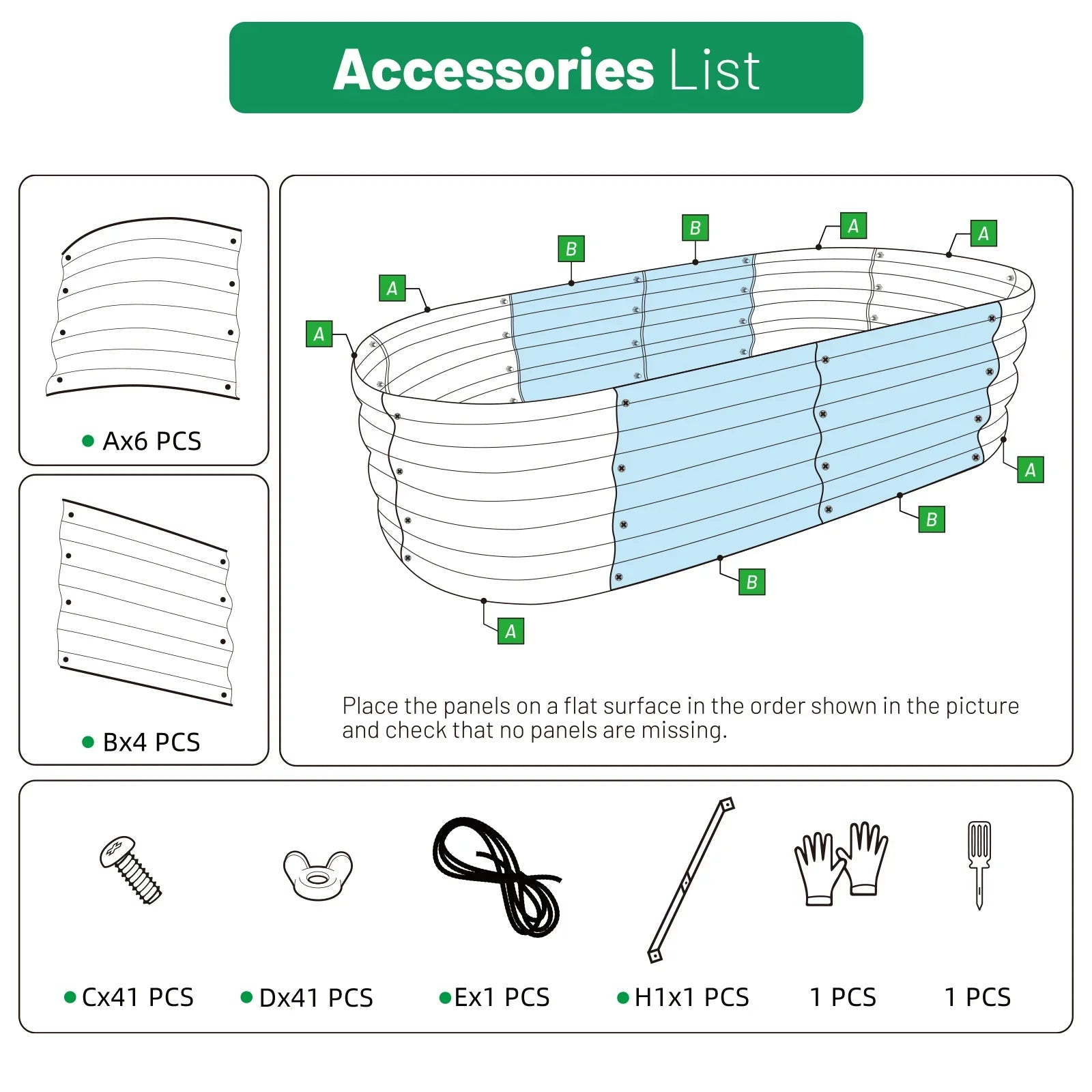 Metal raised garden bed assembly diagram with panels, screws, and tools for DIY gardening setup