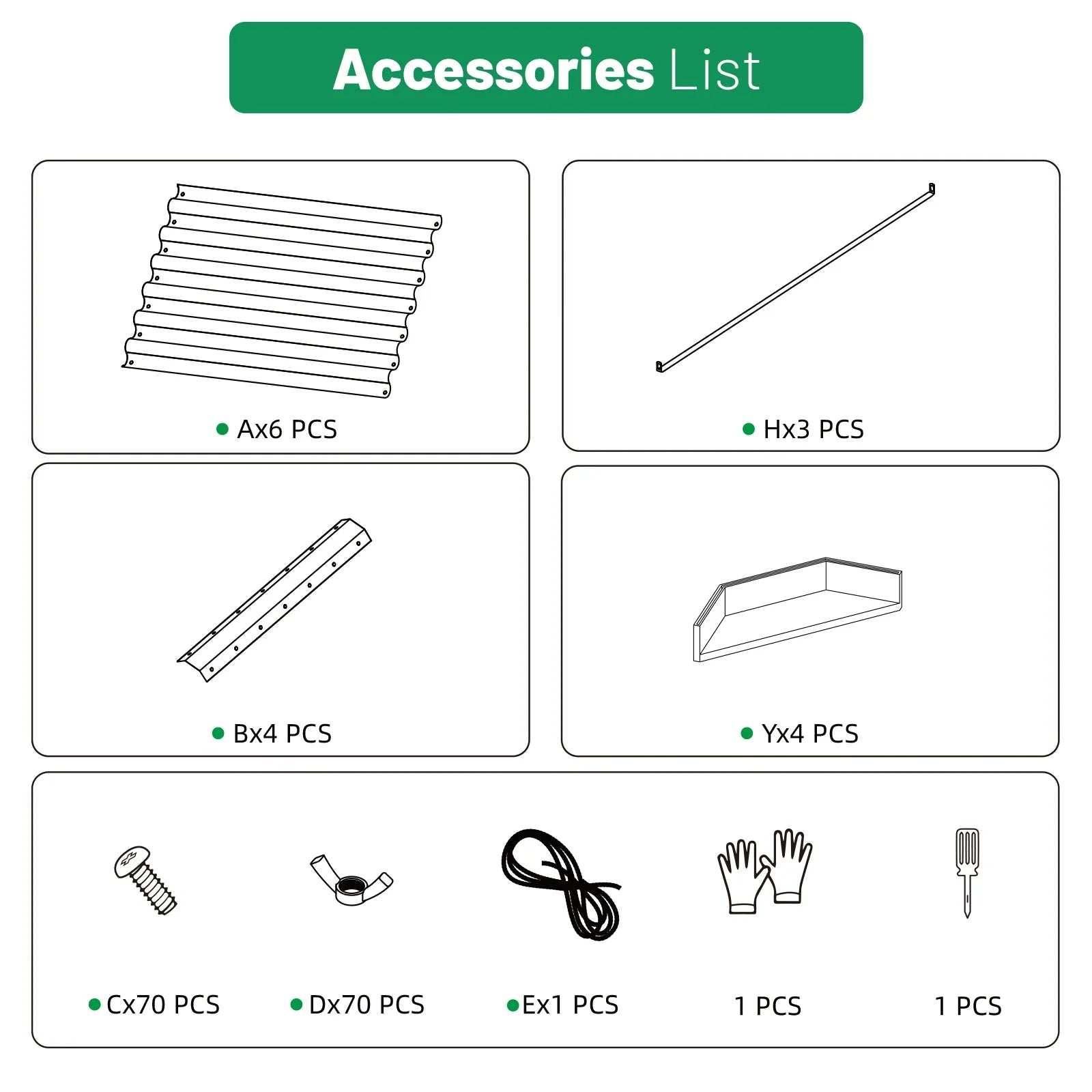 Accessories list for metal raised garden bed kit including panels, screws, gloves, and tools