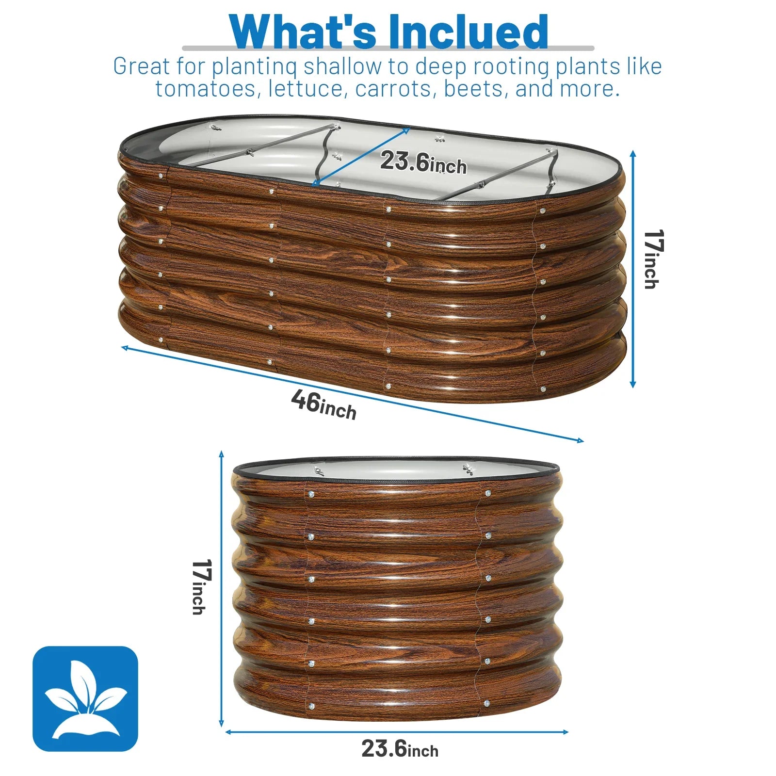 Oval metal raised garden bed with wood grain finish, 46x23.6x17 inches, ideal for tomatoes, lettuce, carrots