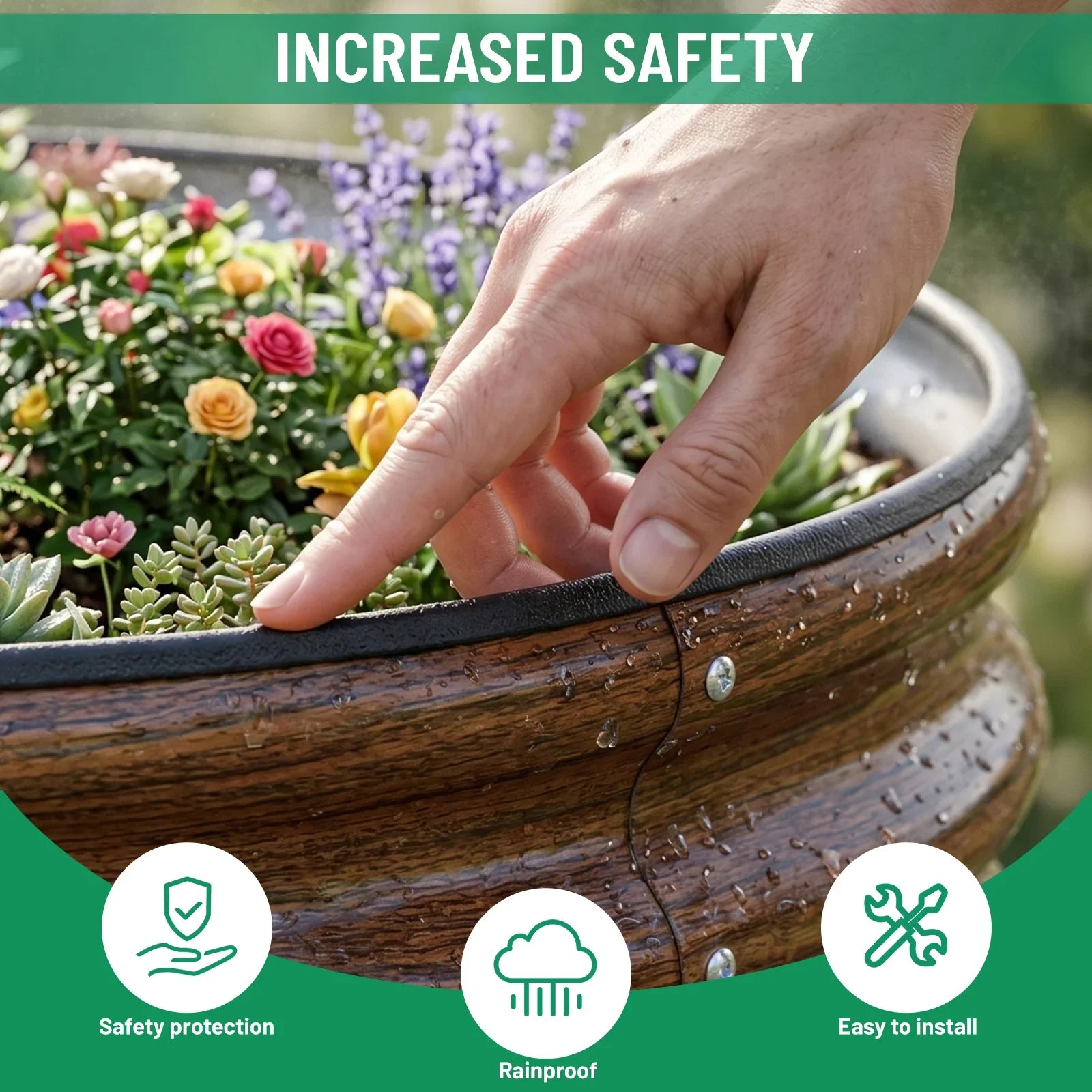 Hand touching edge of durable, rainproof raised garden bed with safety features and easy installation