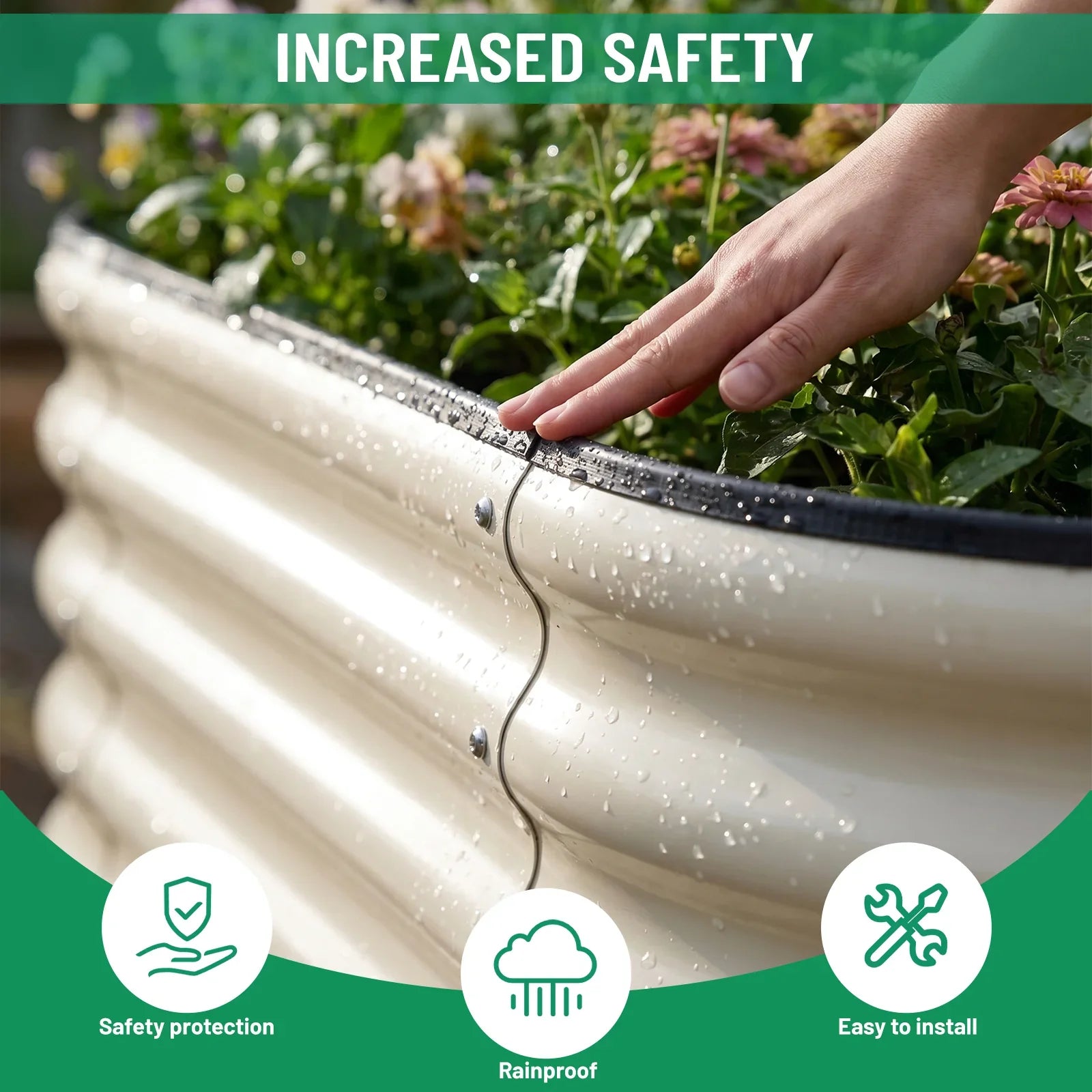 White metal raised garden bed with safety edge, rainproof & easy install, hand touching plants
