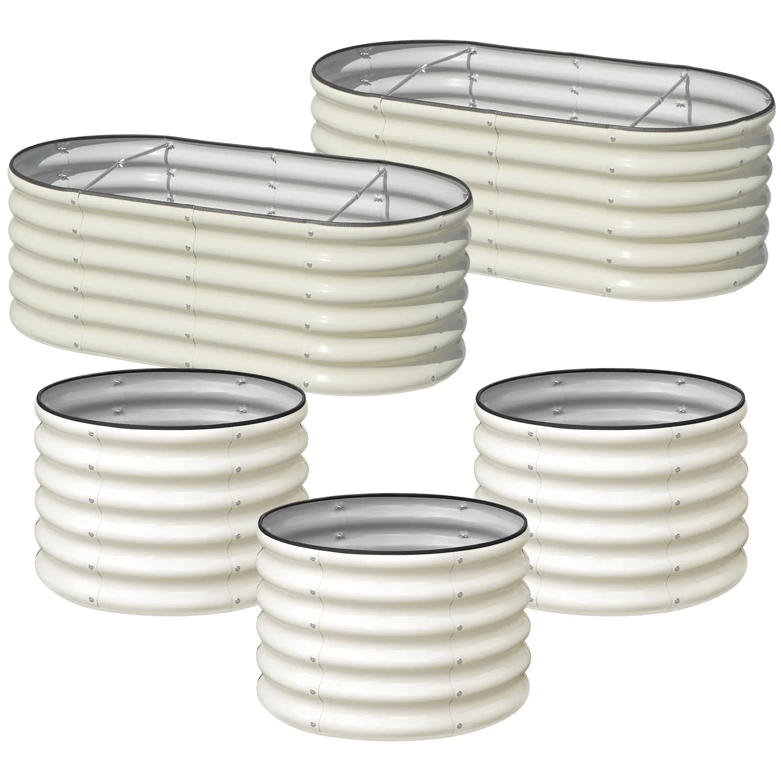 Cream oval and round metal raised garden beds with clear lids for outdoor gardening