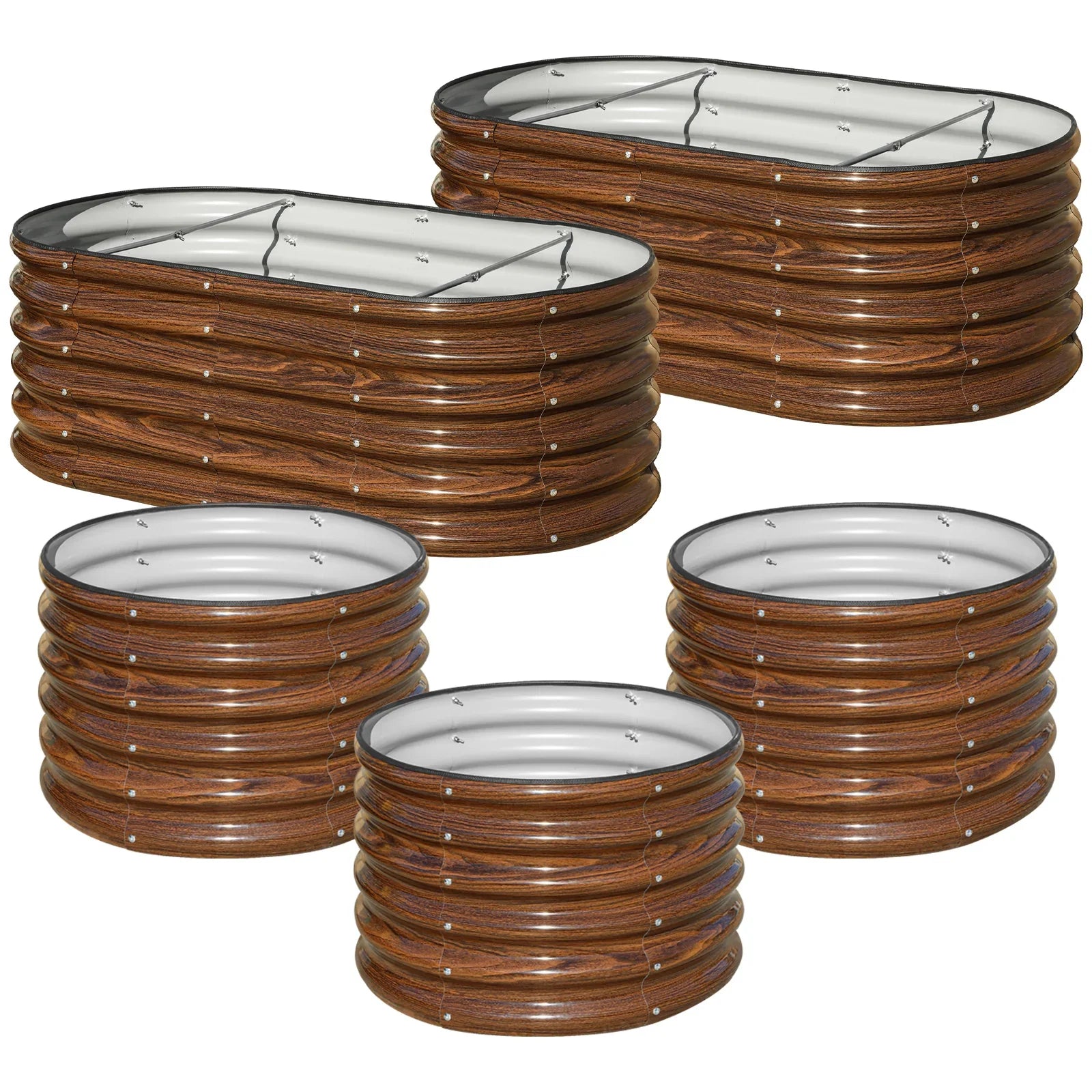 Wood-grain metal raised garden beds with durable construction for outdoor gardening