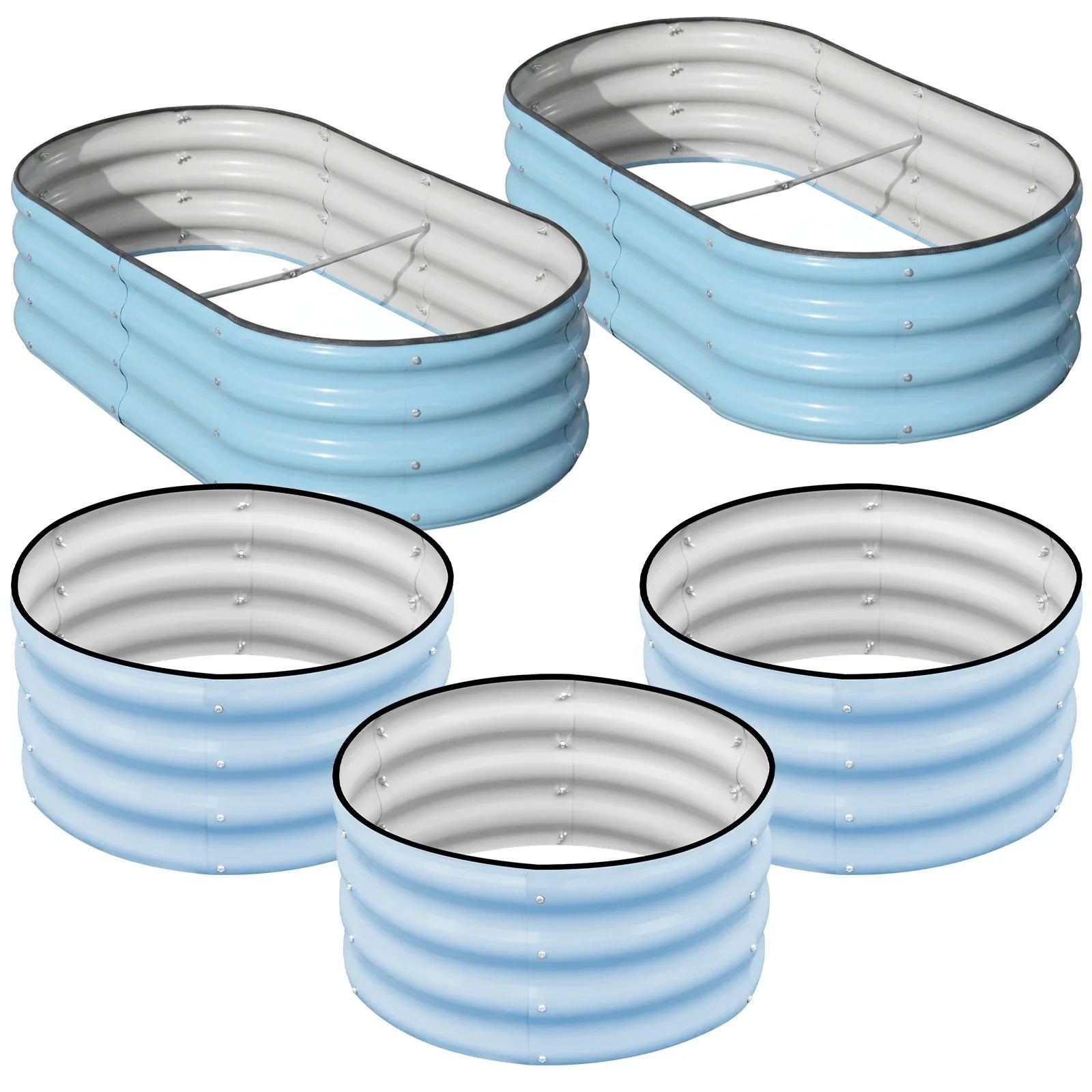 Light blue metal raised garden beds, oval and round, durable corrugated design for outdoor gardening