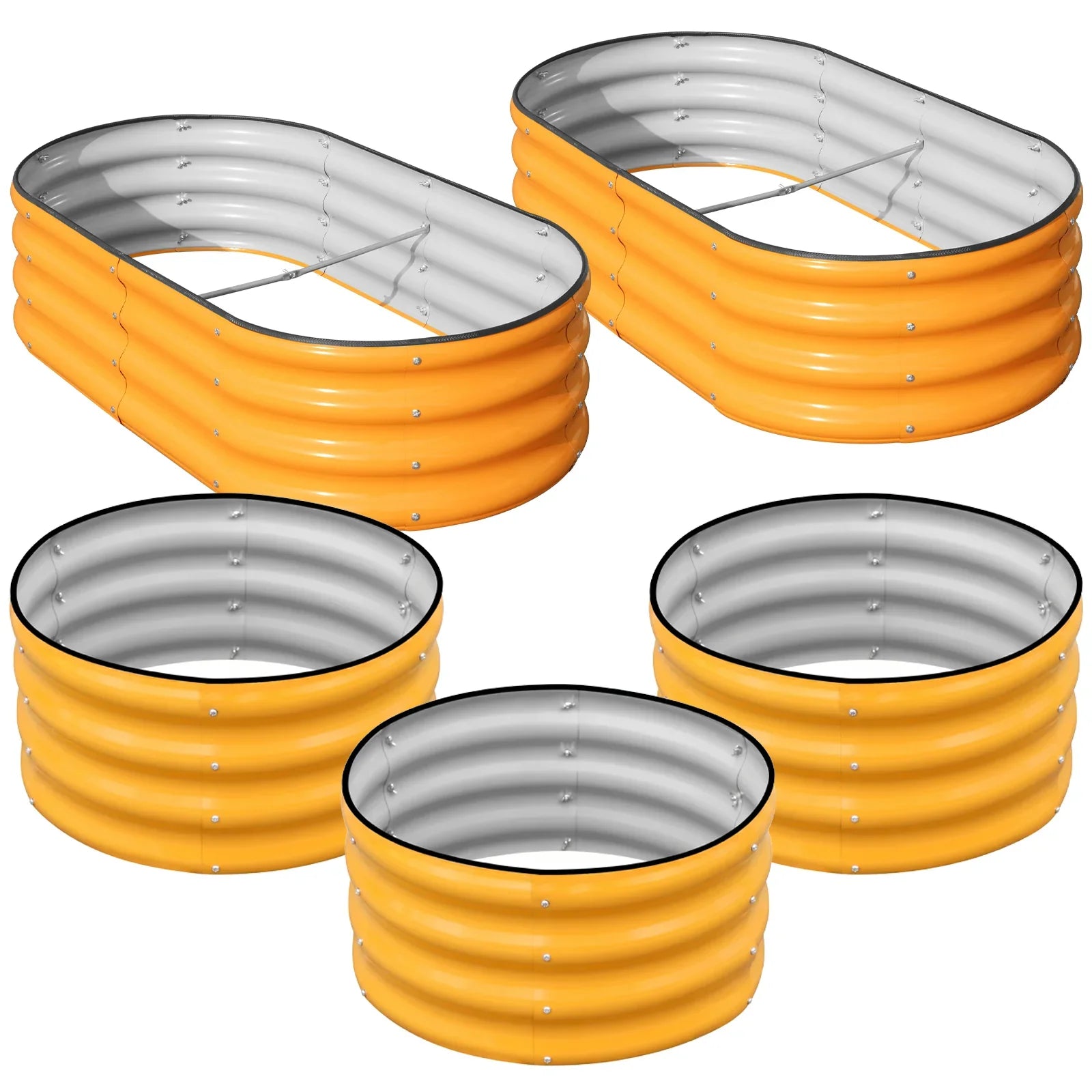 Five orange metal raised garden beds in oval and round shapes for outdoor gardening