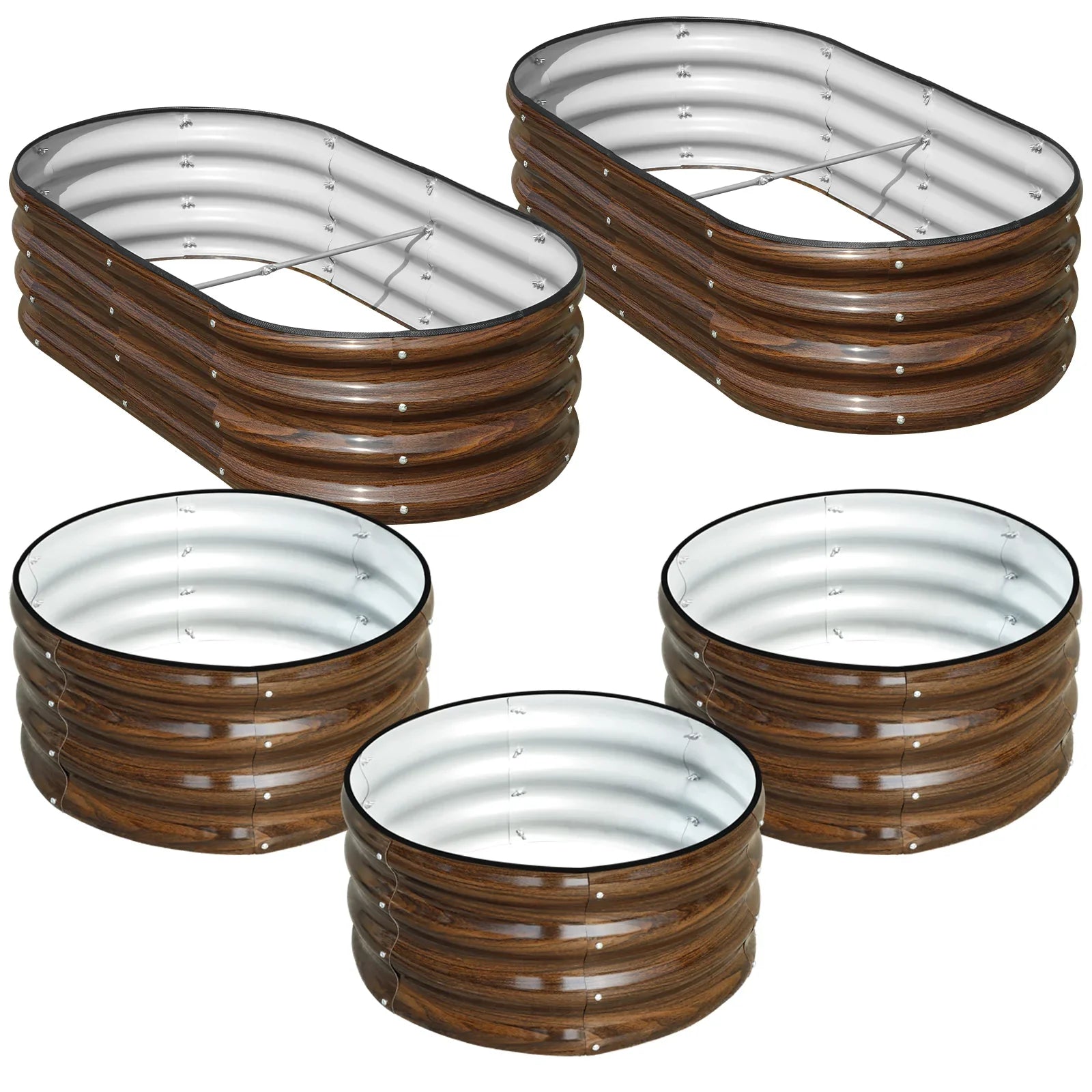 Metal raised garden beds with wood grain finish, durable and stylish for outdoor gardening