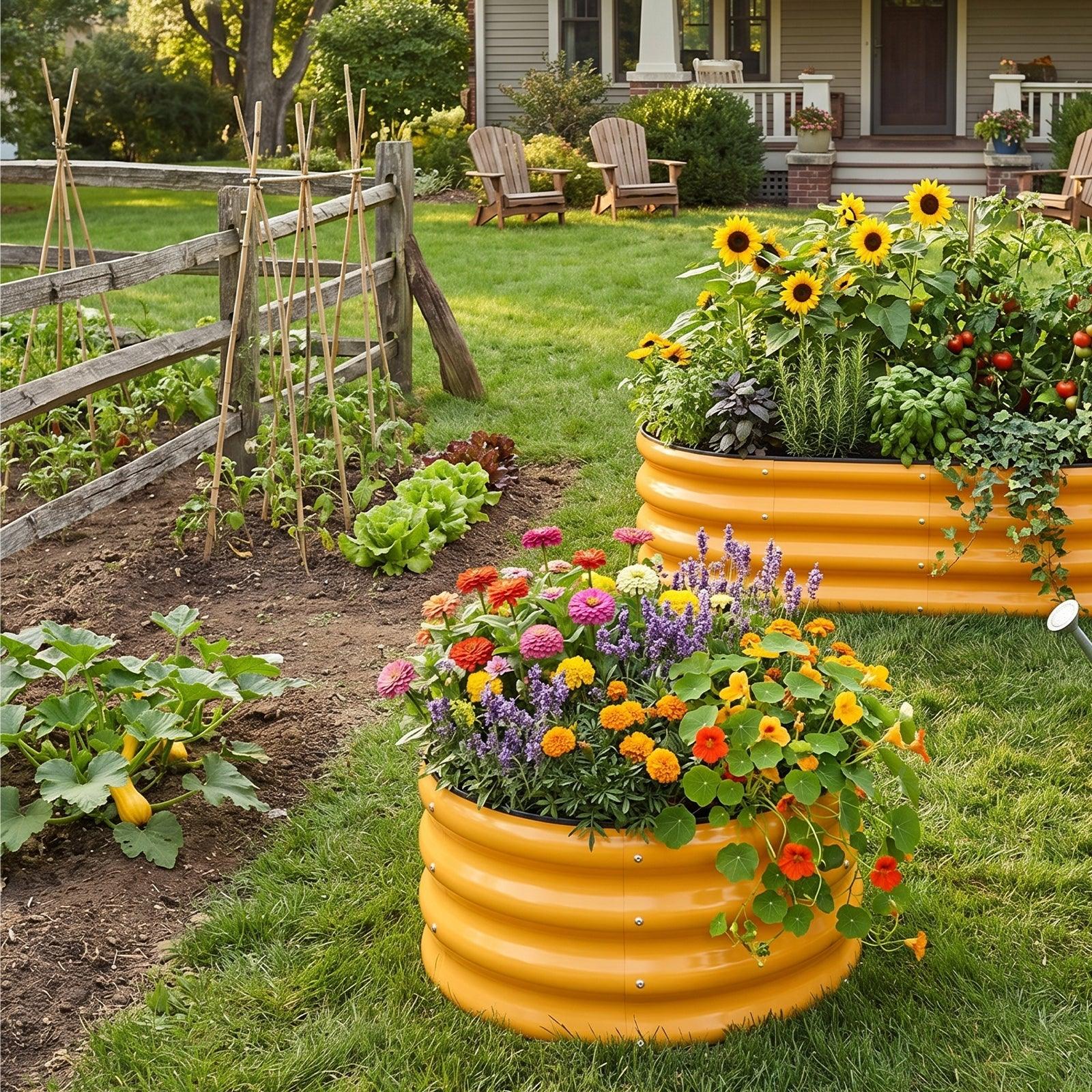 Bright orange metal raised garden beds with sunflowers, tomatoes, and colorful flowers in a lush backyard.