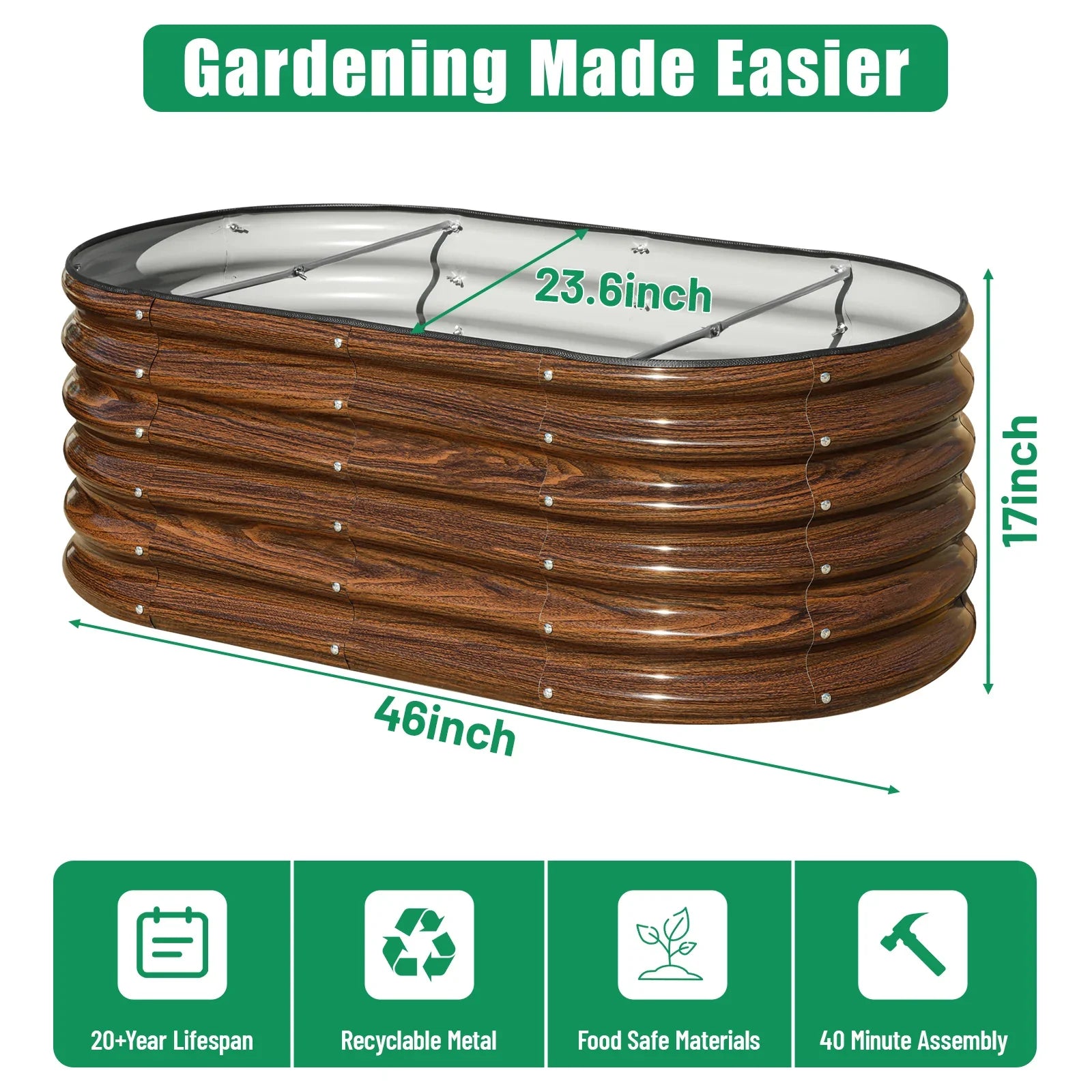 Oval metal raised garden bed with wood grain finish, 46x23.6x17 inches, food-safe recyclable material