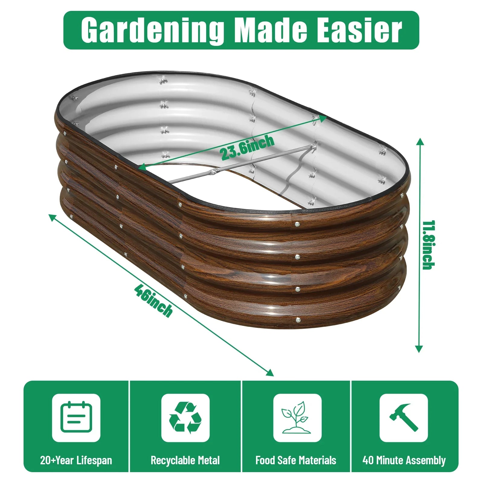 Oval metal raised garden bed with wood-look finish, 46x23.6x11.8 inches, recyclable & food-safe for easy gardening.
