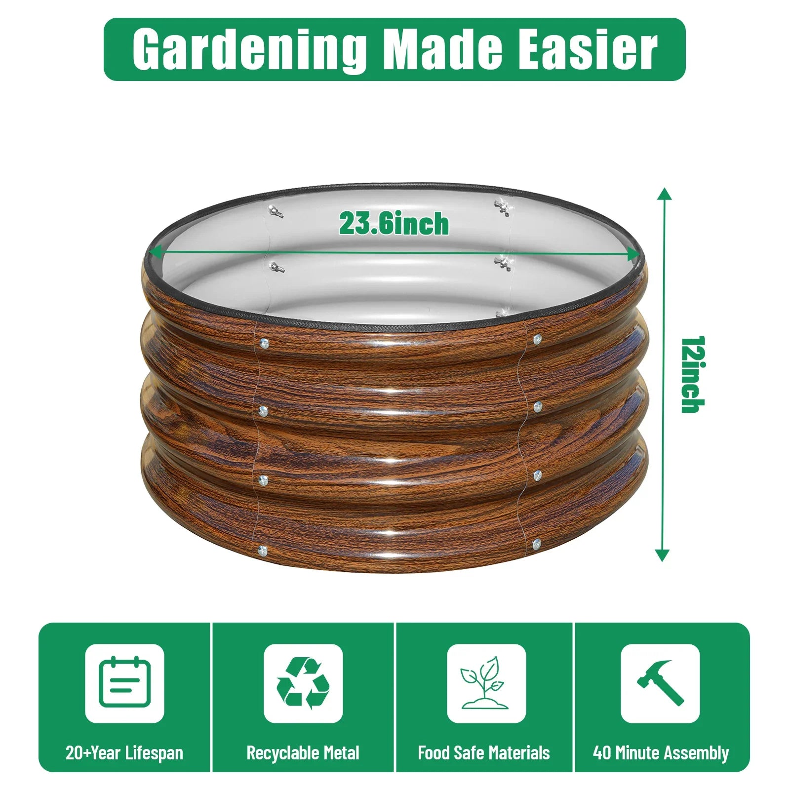 Round metal raised garden bed, 23.6 inch diameter, 12 inch height, recyclable & food safe for easy gardening