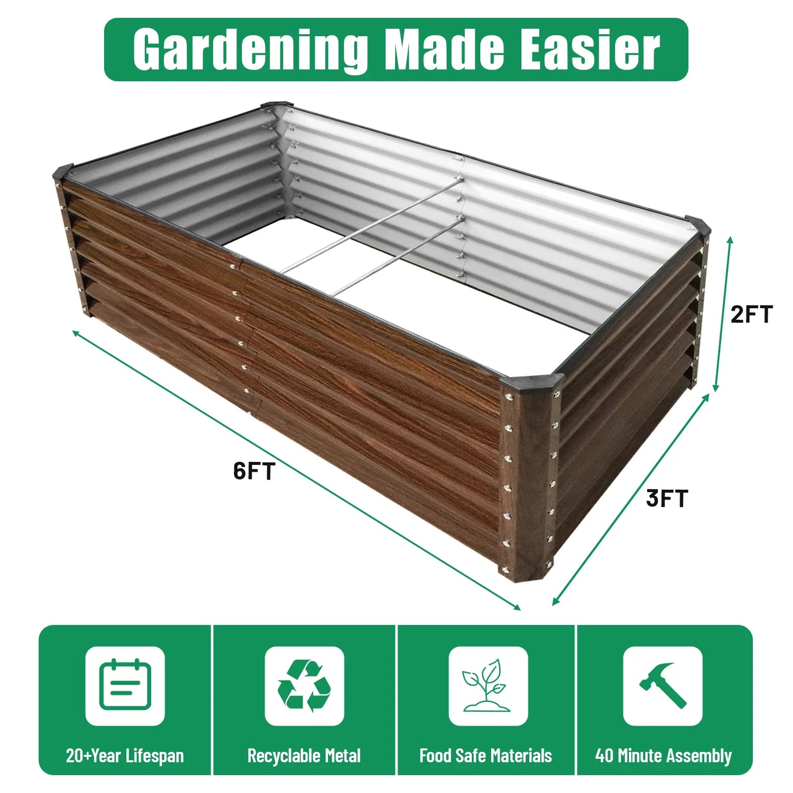 6ft x 3ft x 2ft metal raised garden bed with wood-look panels, recyclable & food-safe for easy gardening