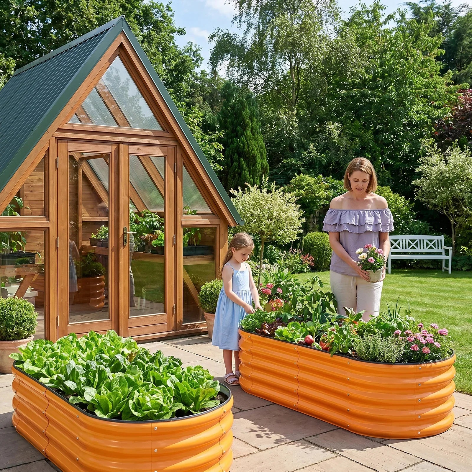 Orange metal raised garden beds with lettuce and flowers, perfect for backyard gardening with family.