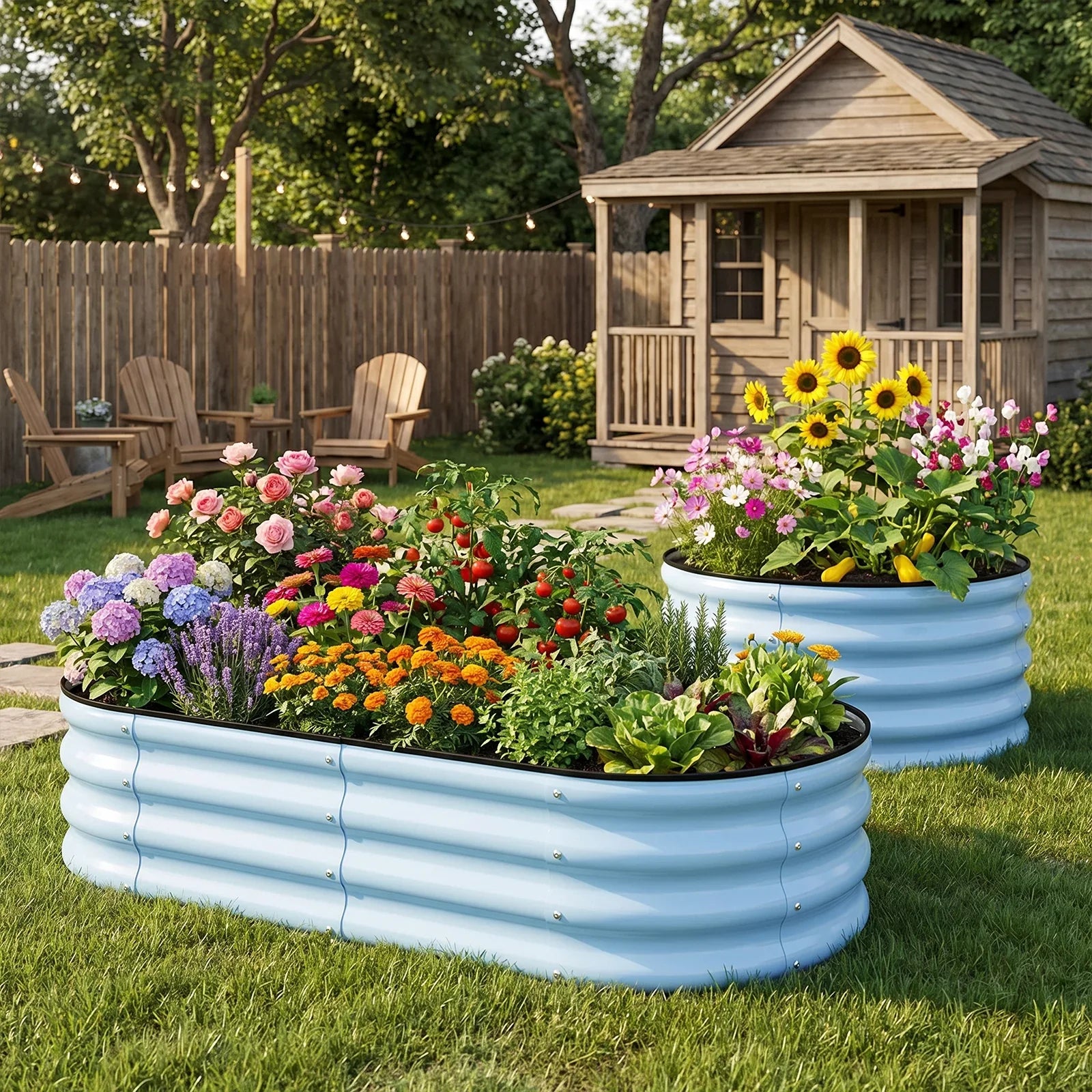 Blue metal raised garden beds with colorful flowers and veggies in a sunny backyard