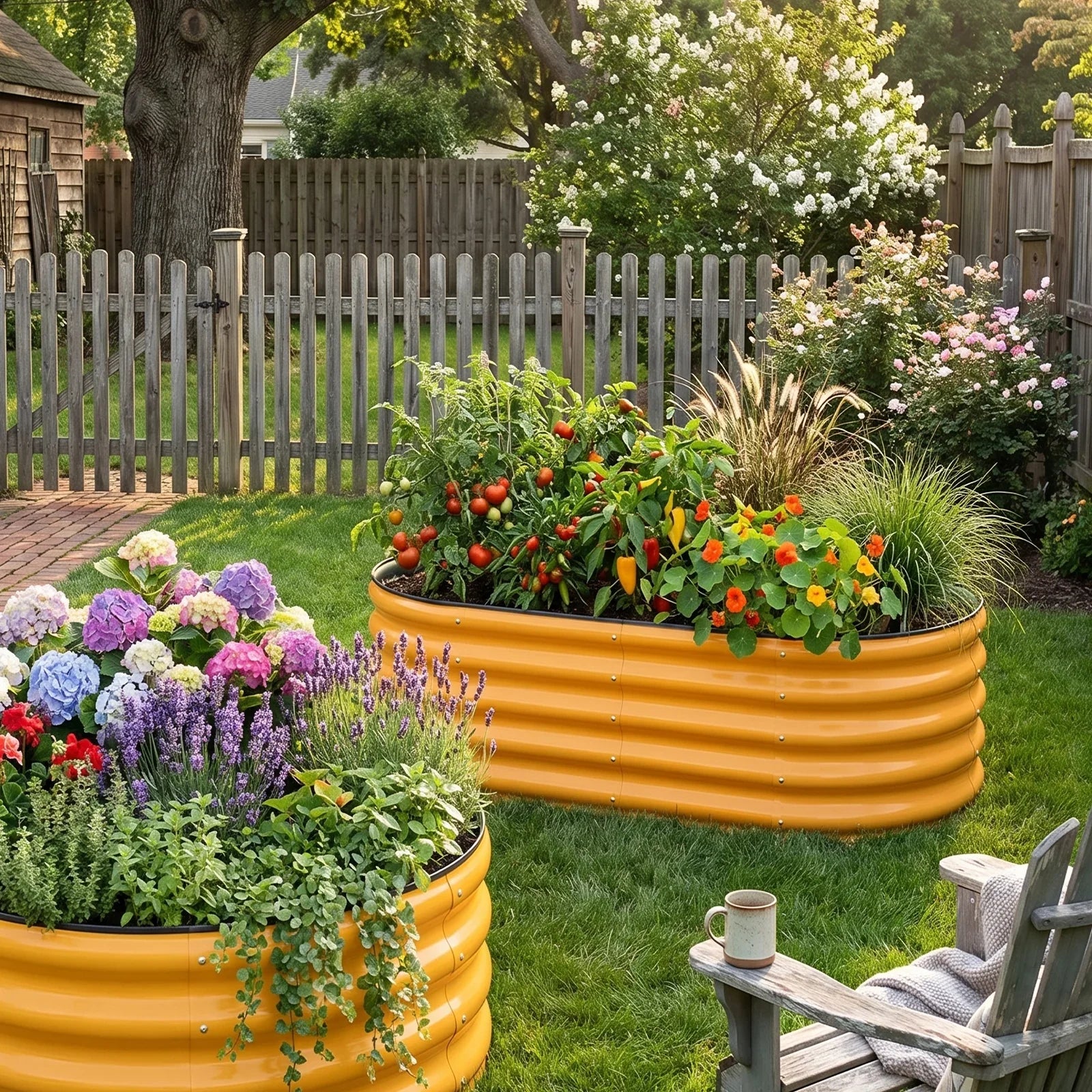 Yellow metal raised garden beds with tomatoes, peppers, and flowers in a sunny backyard
