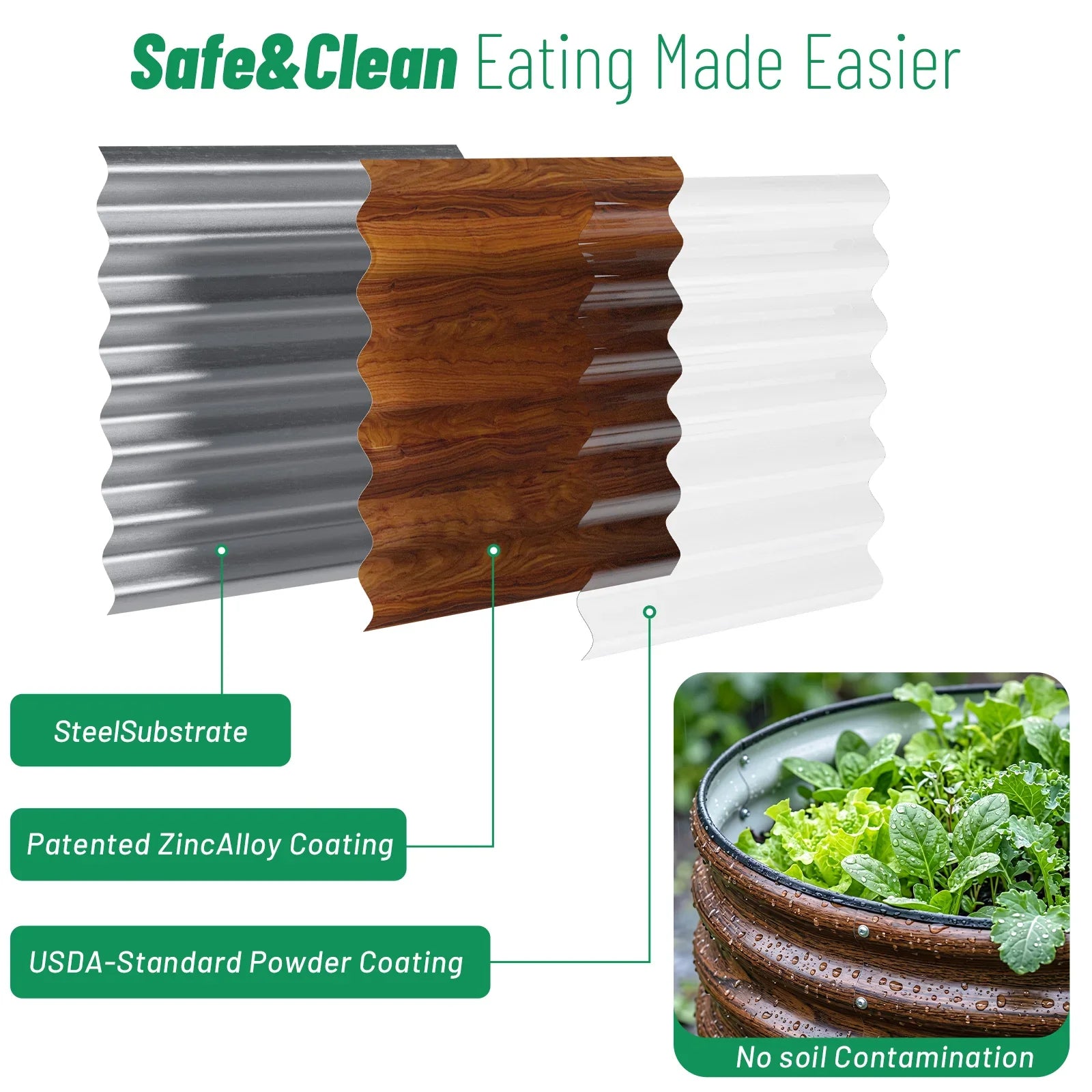 Durable metal raised garden bed with zinc alloy & USDA powder coating, safe for growing clean vegetables