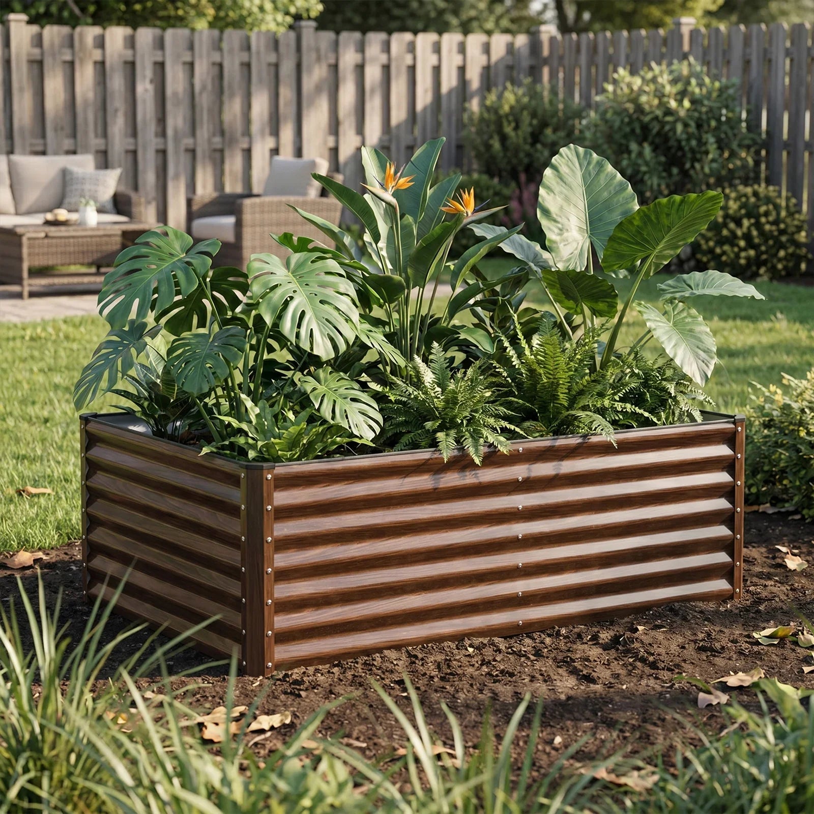 Metal raised garden bed with lush tropical plants in backyard setting