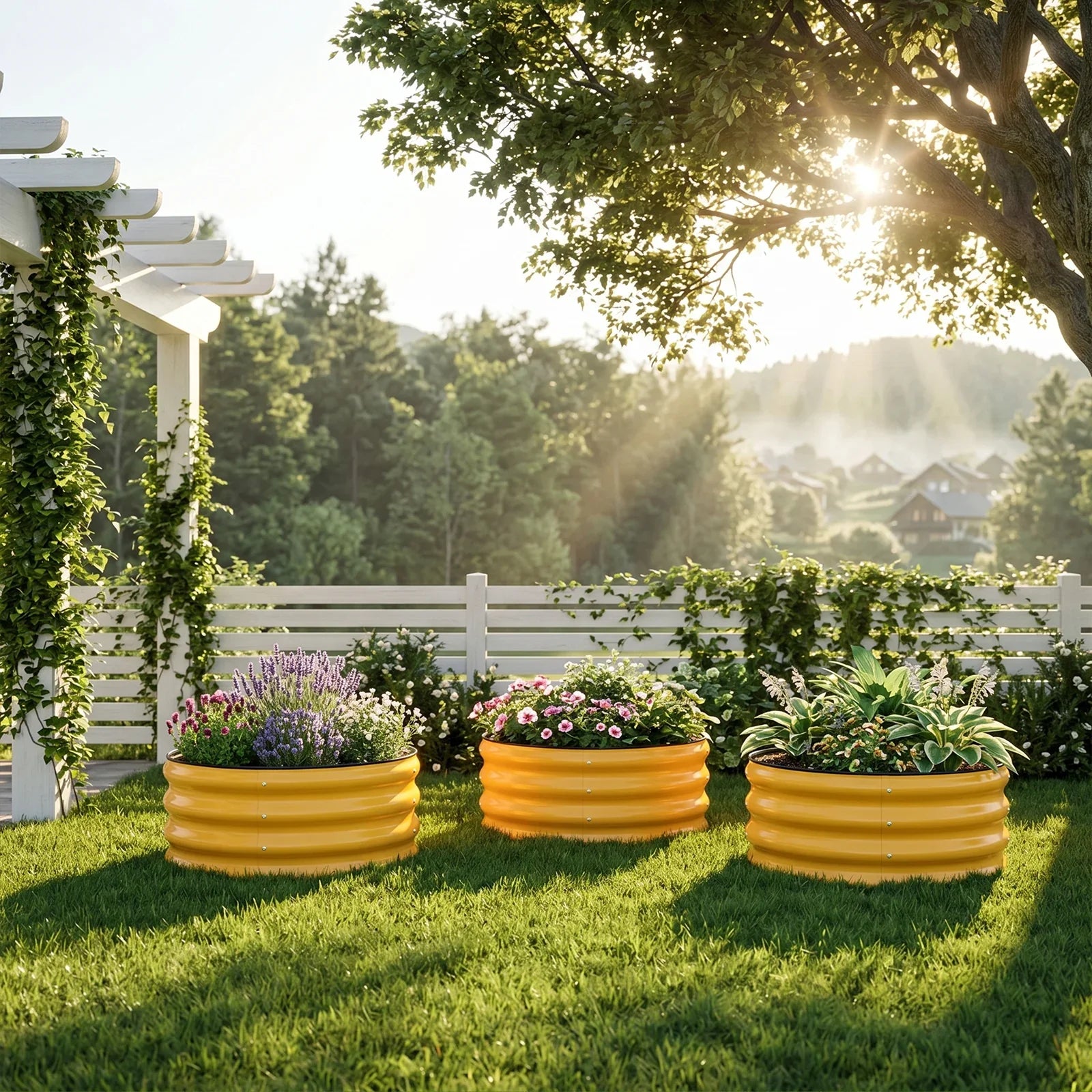 Yellow metal raised garden beds with flowers in sunny backyard, perfect for American gardens
