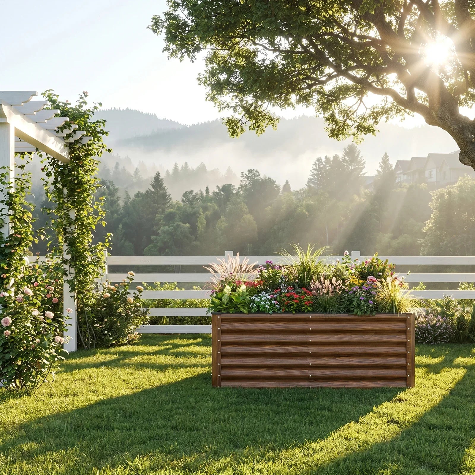 Wooden raised garden bed with colorful flowers in sunny backyard, perfect for American gardeners