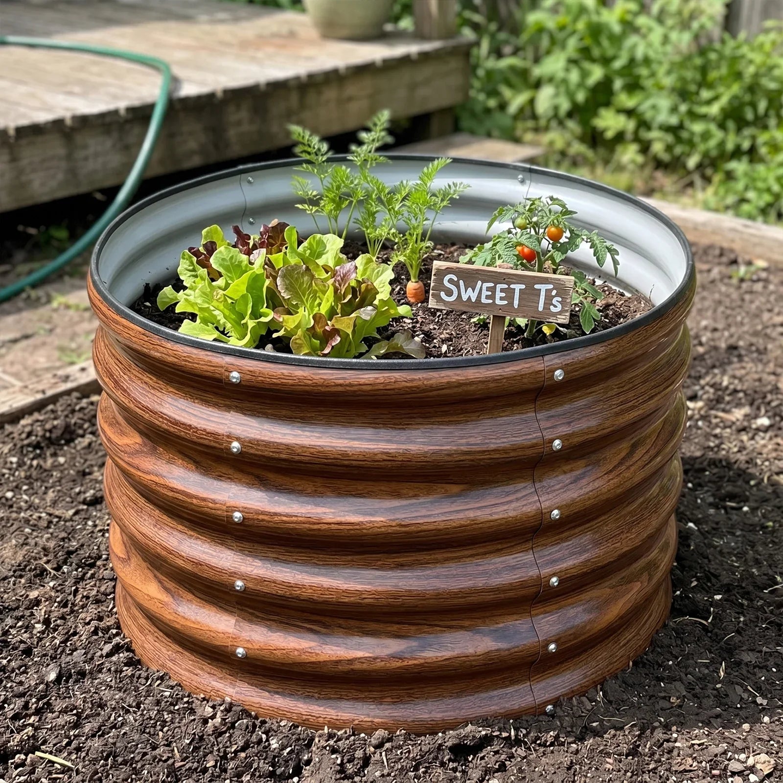 Round metal raised garden bed with wood grain finish, growing lettuce, carrots, and cherry tomatoes in backyard soil.
