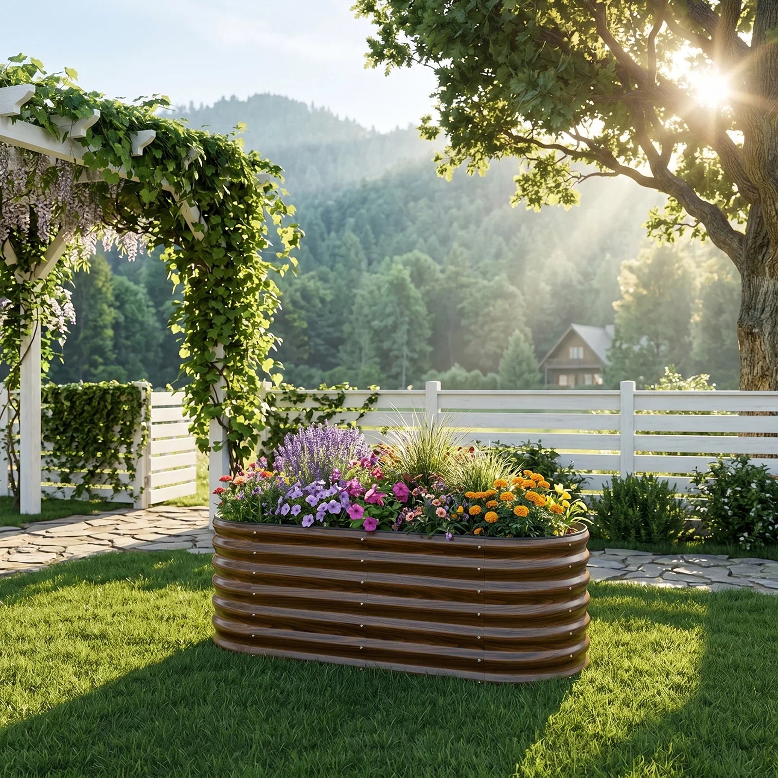 Metal raised garden bed with colorful flowers in sunny backyard, perfect for American gardeners