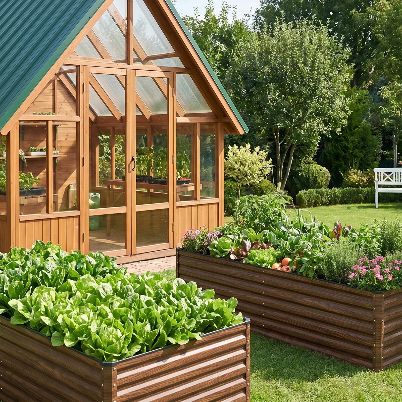 Wood-textured metal raised garden beds with lush lettuce and herbs beside a greenhouse in a sunny backyard