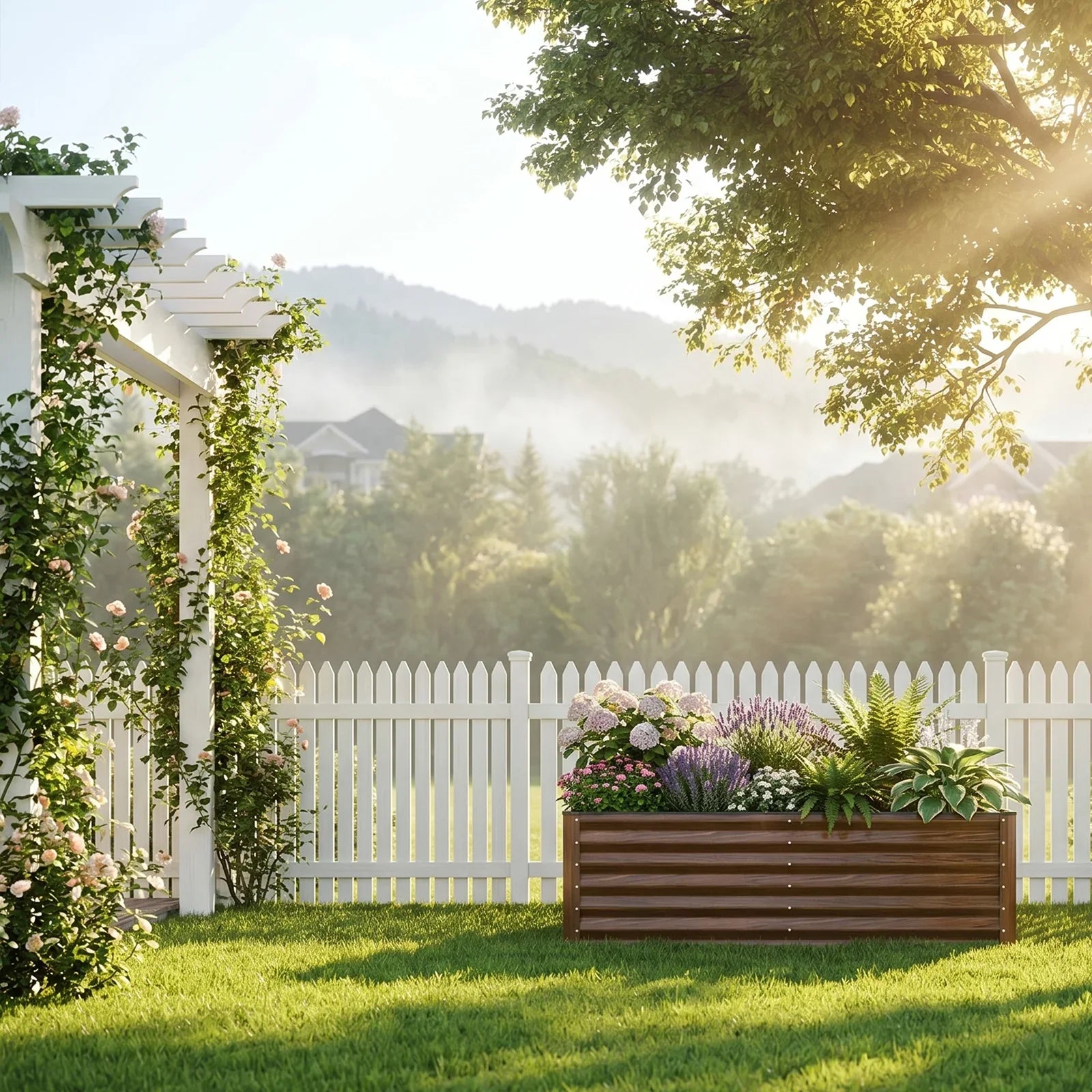 Wooden raised garden bed with flowers in sunny backyard near white fence and pergola