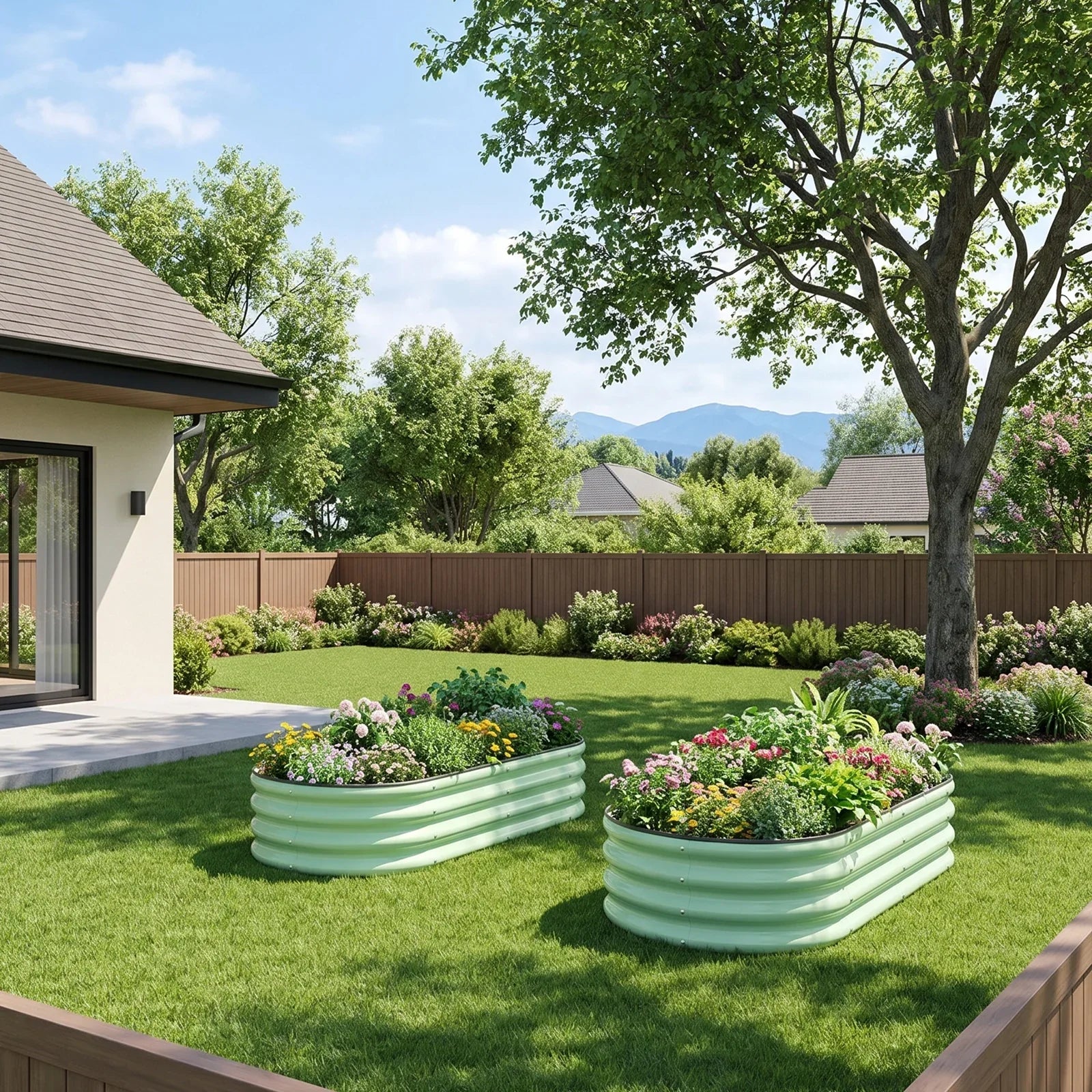 Metal raised garden beds with colorful flowers in a sunny backyard, perfect for American gardeners.