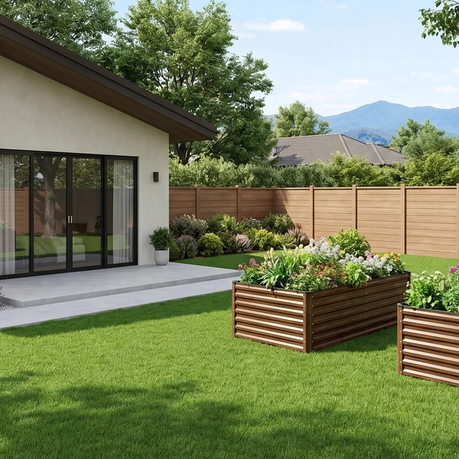 Modern metal raised garden beds with flowers in a sunny backyard, perfect for American gardens.