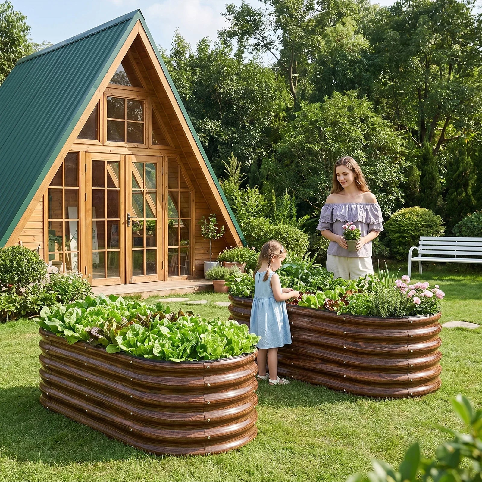 Wood-textured metal raised garden beds with lush greens and flowers, perfect for backyard gardening with family.