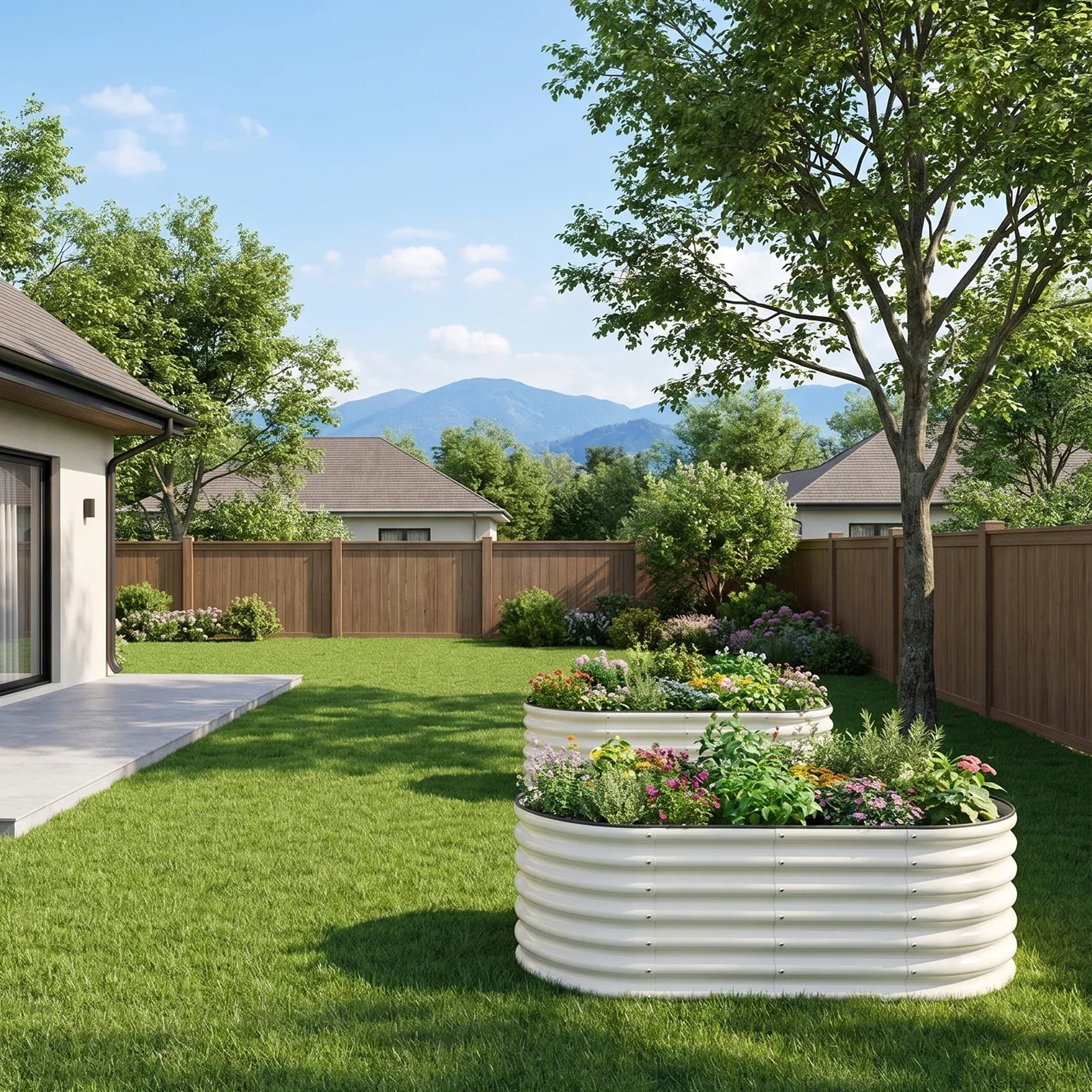 White metal raised garden beds with colorful flowers in a sunny backyard, perfect for American gardens.