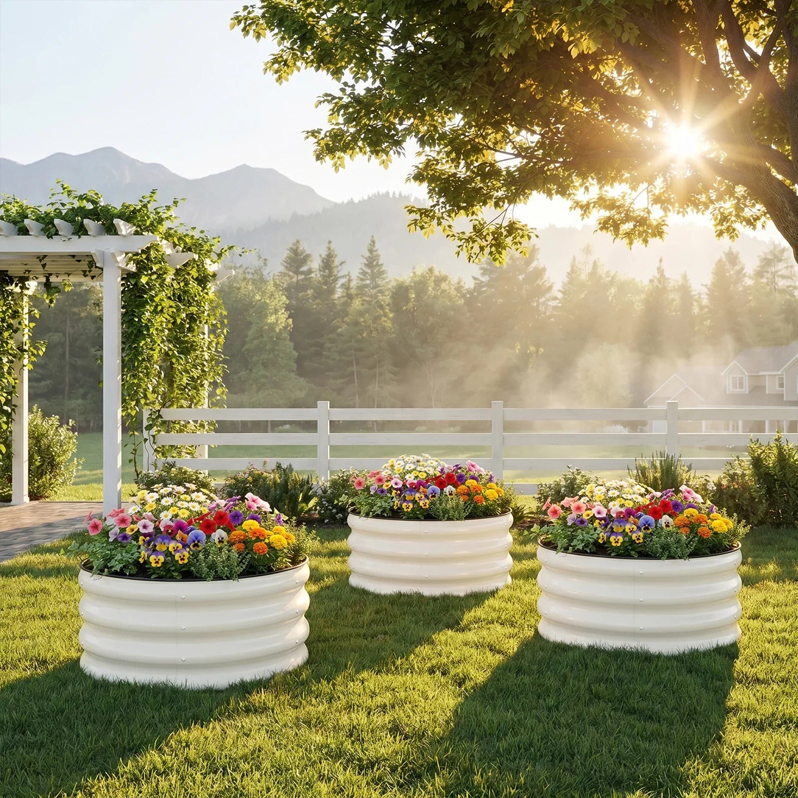 White metal raised garden beds with colorful flowers in sunny backyard, perfect for American gardens